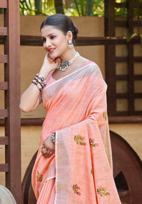 Graceful Peach Linen Festival Saree for Women