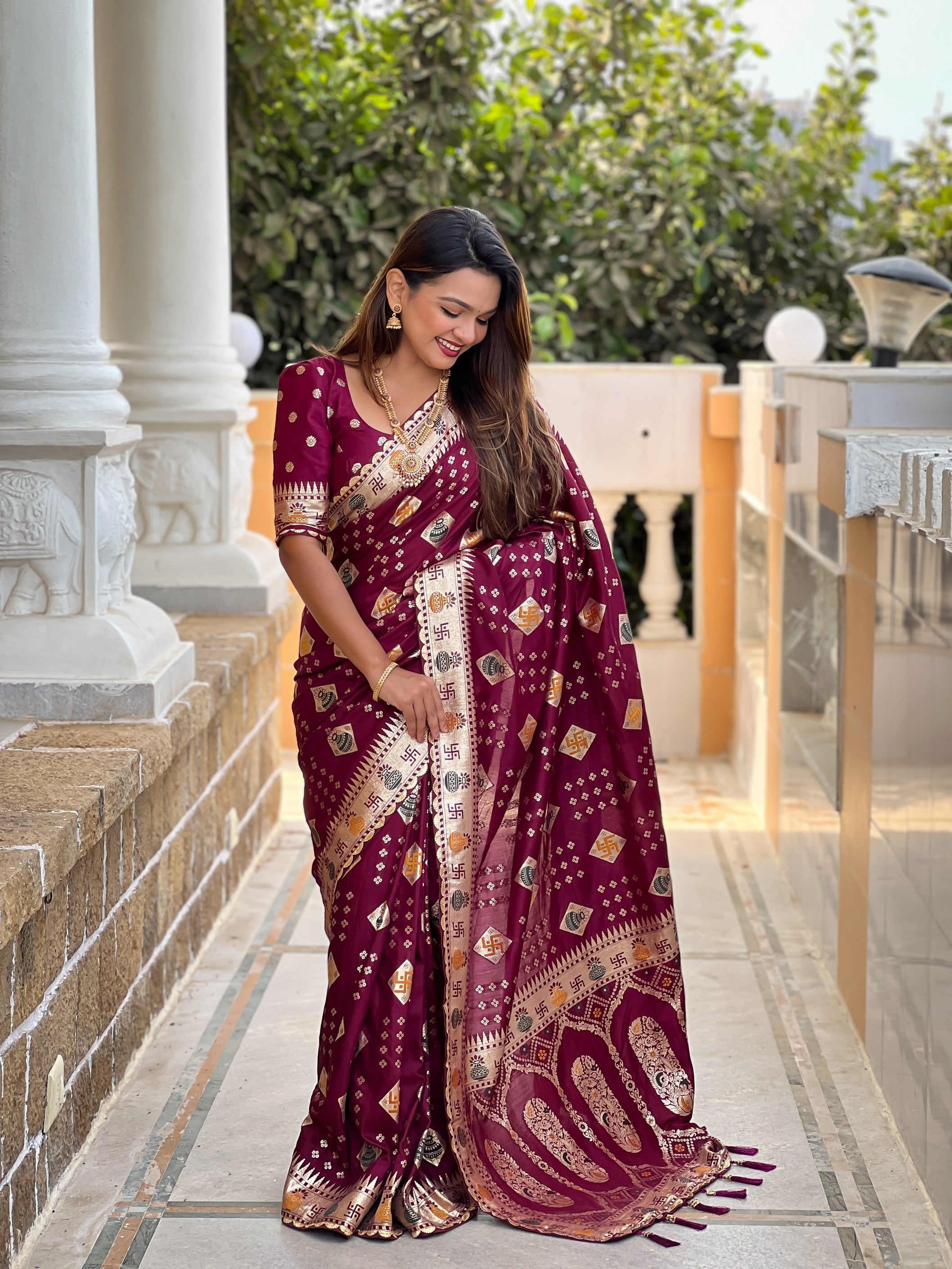 Graceful Woven Meenakari Designer Maroon Dola Silk Saree
