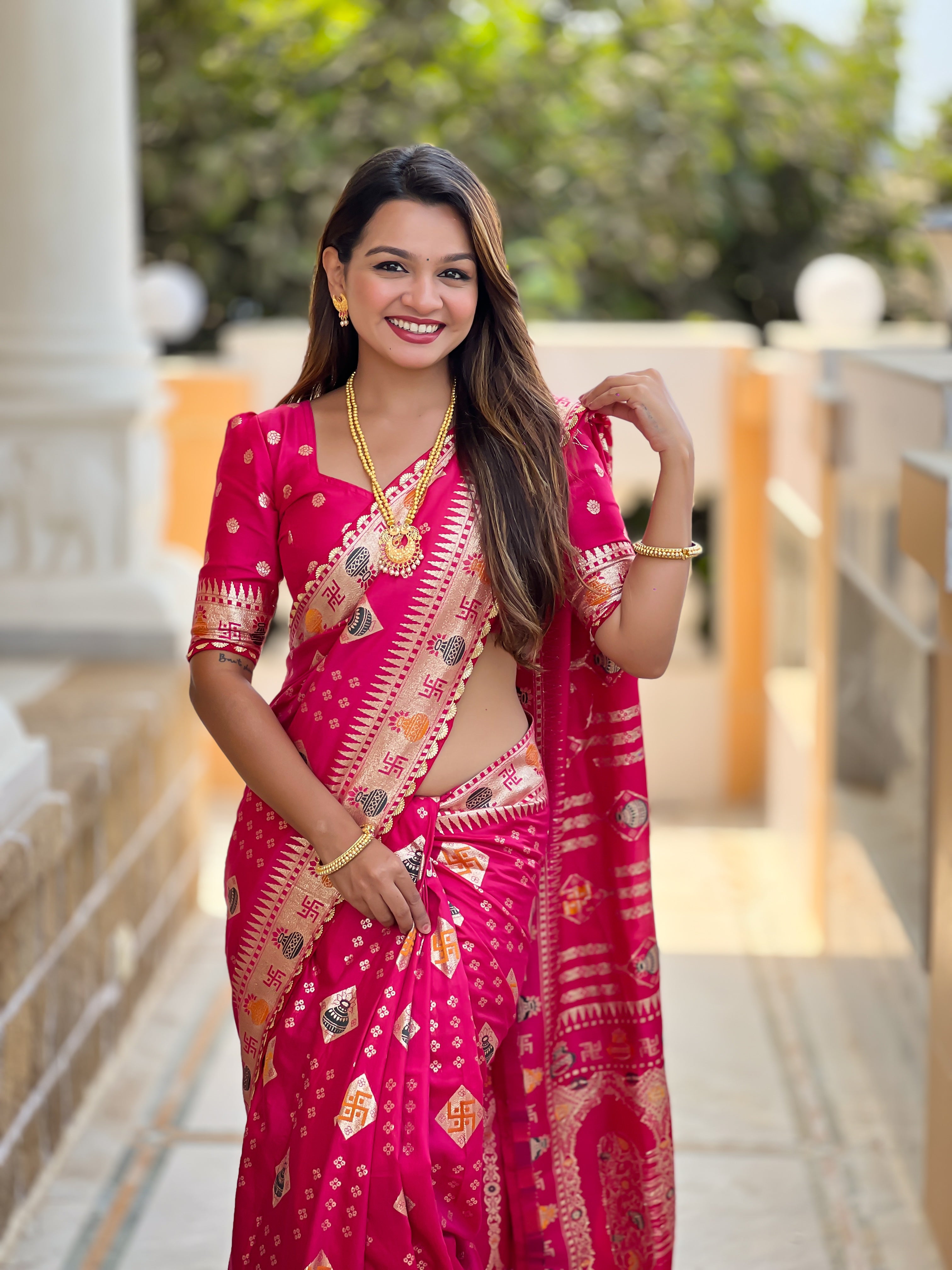 Graceful Woven Meenakari Designer Pink Dola Silk Saree