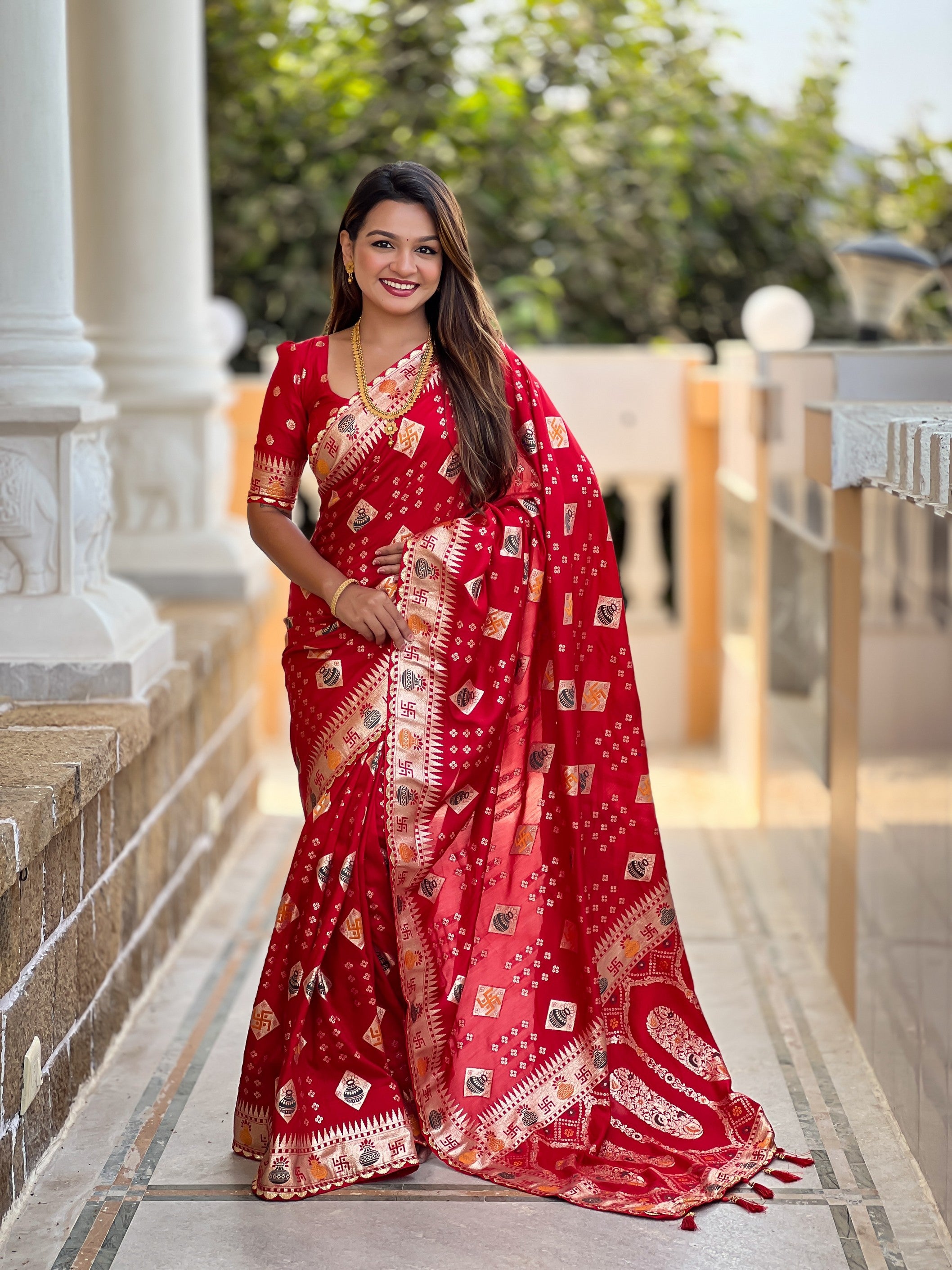 Graceful Woven Meenakari Designer Red Dola Silk Saree