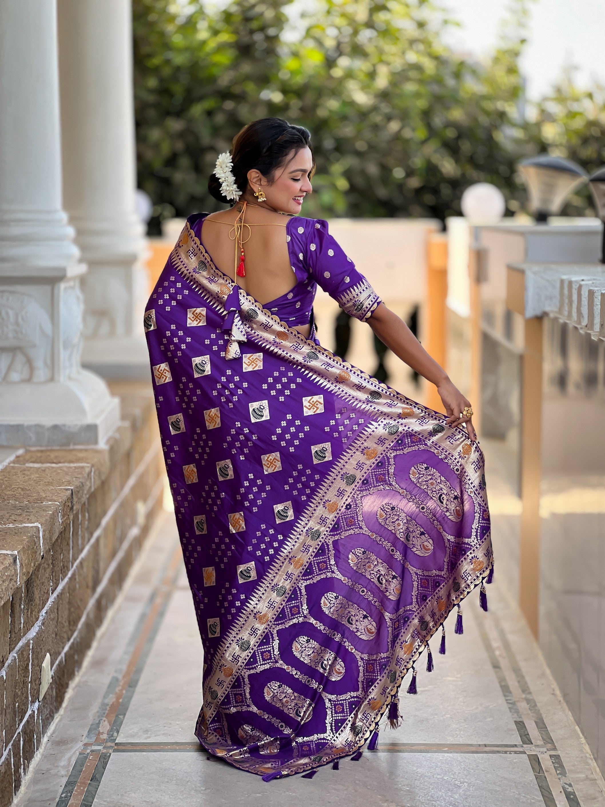 Graceful Woven Meenakari Designer Violet Dola Silk Saree