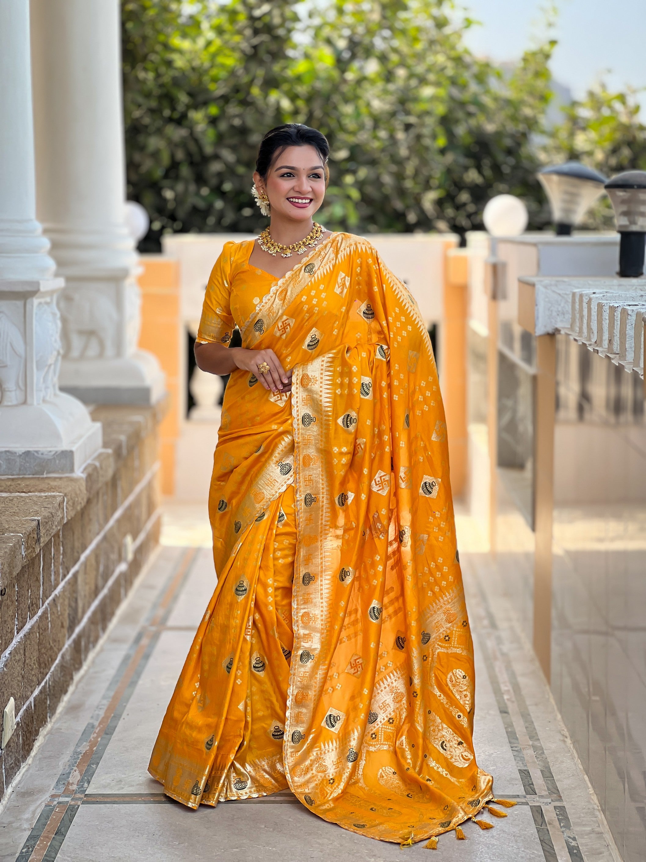 Graceful Woven Meenakari Designer Yellow Dola Silk Saree