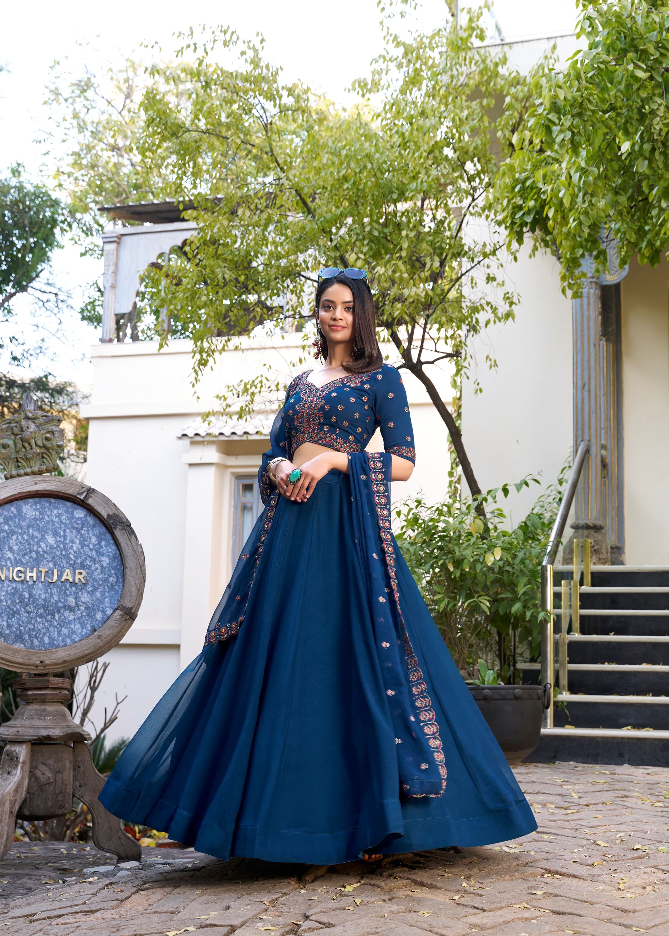 Grace in Every Thread- Blue Georgette Lehenga with Sequins & Embroidery