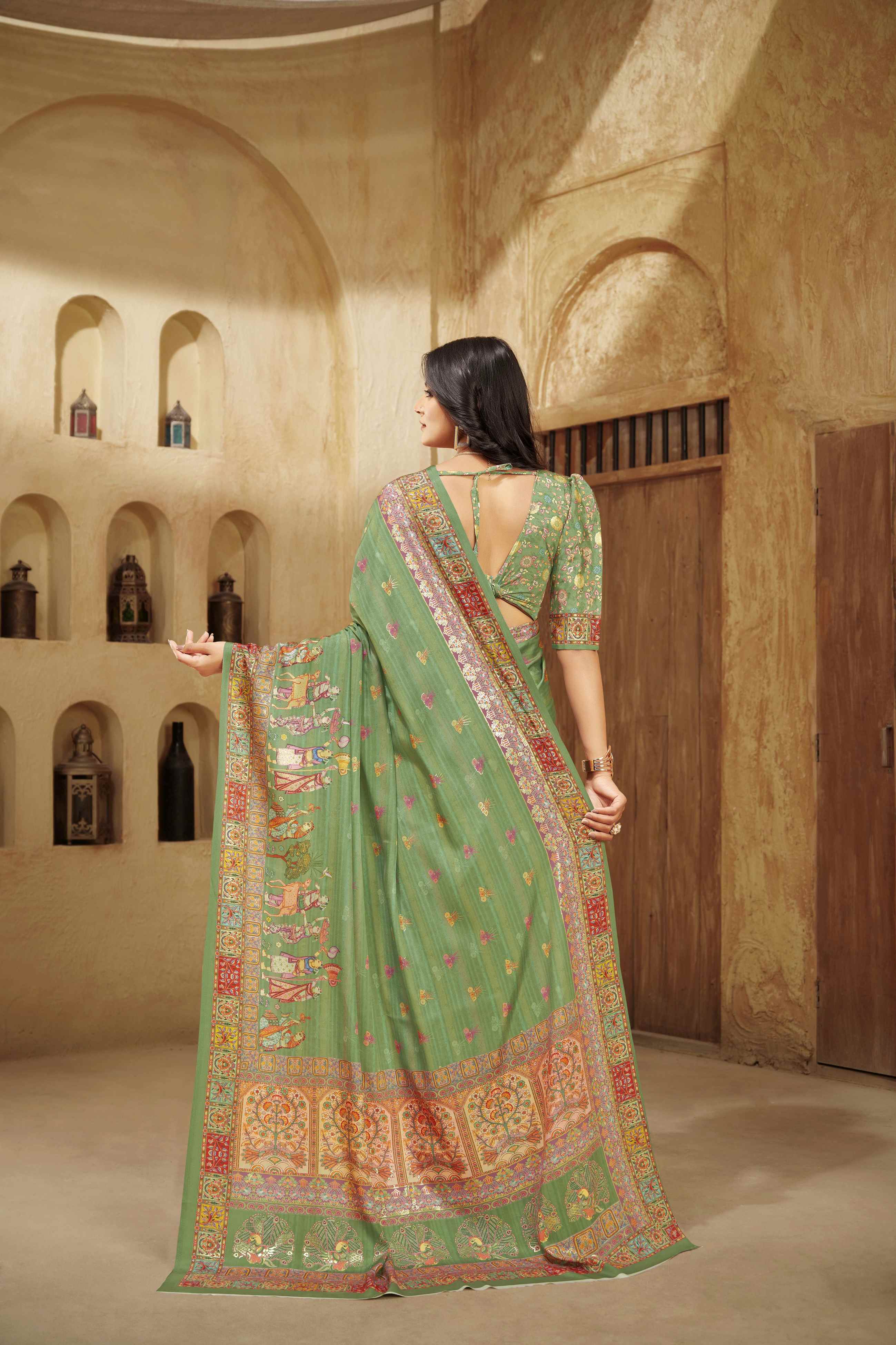 Grass Green Designer Position Digital Foil Printed Crepe Silk Ethnic Festive Saree