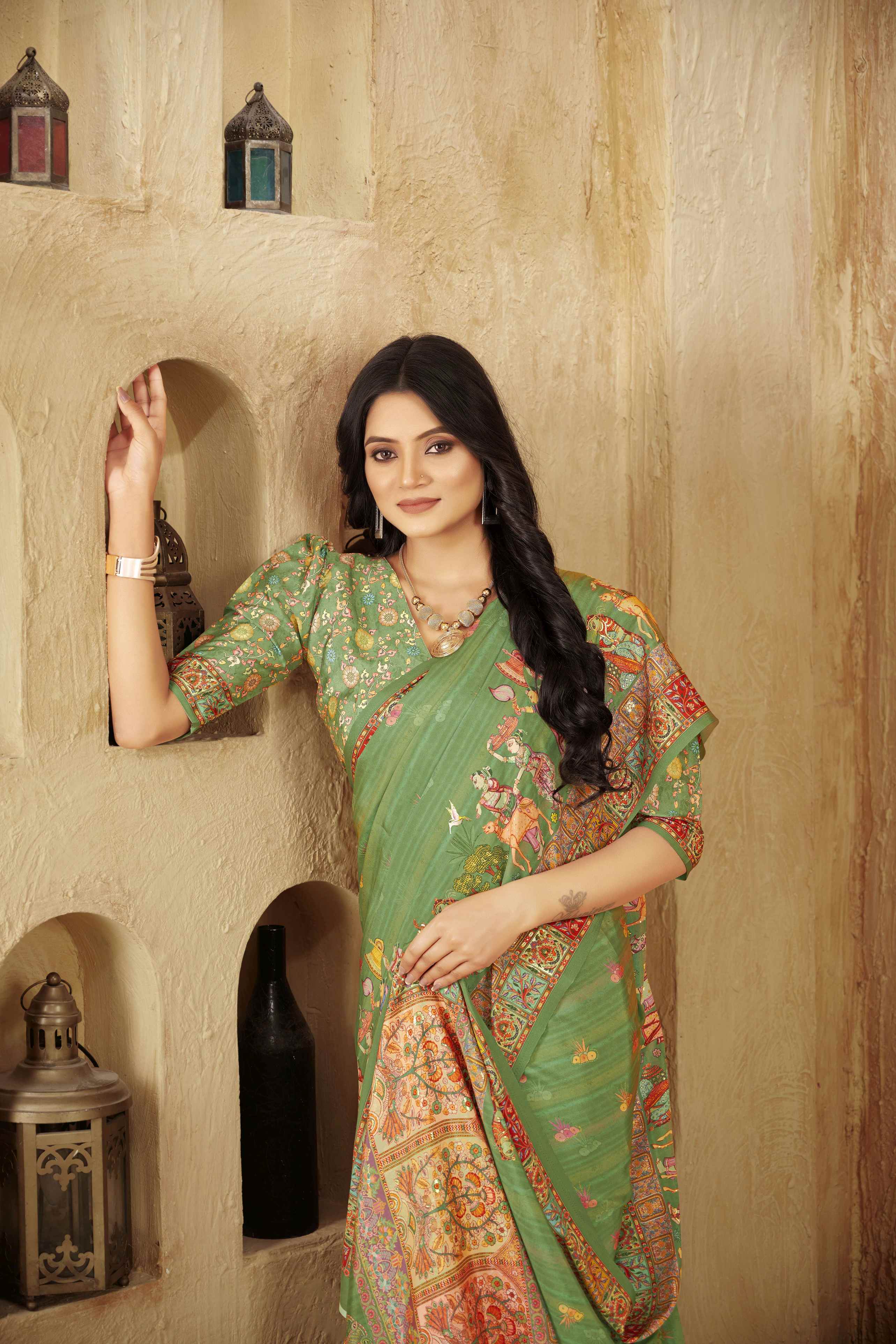 Grass Green Designer Position Digital Foil Printed Crepe Silk Ethnic Festive Saree