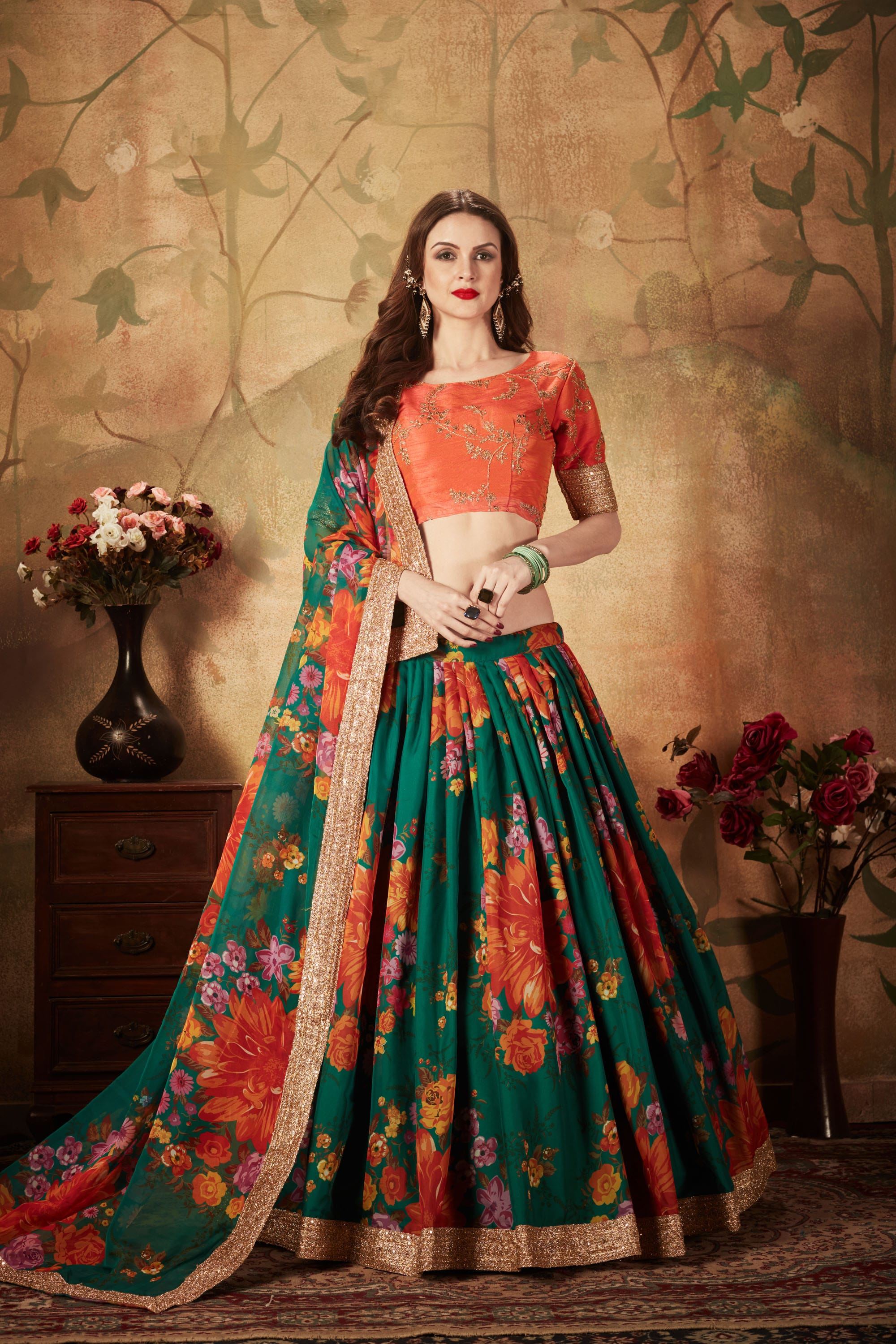 Green And Orange Lehenga Choli With Digital Print & Dori, Zari And Sequins Embroidery Work