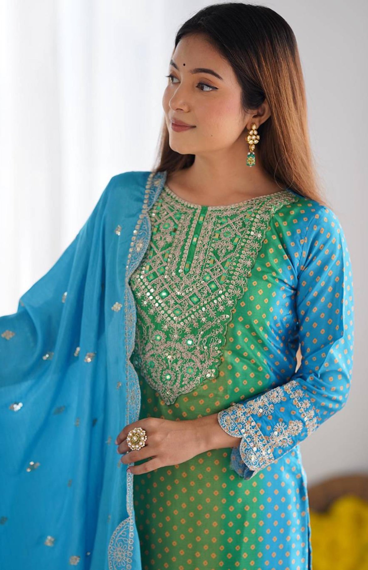 Green  Aqua Blue Pure Chinon Kurta Pant with Heavy Thread Embroidery Work