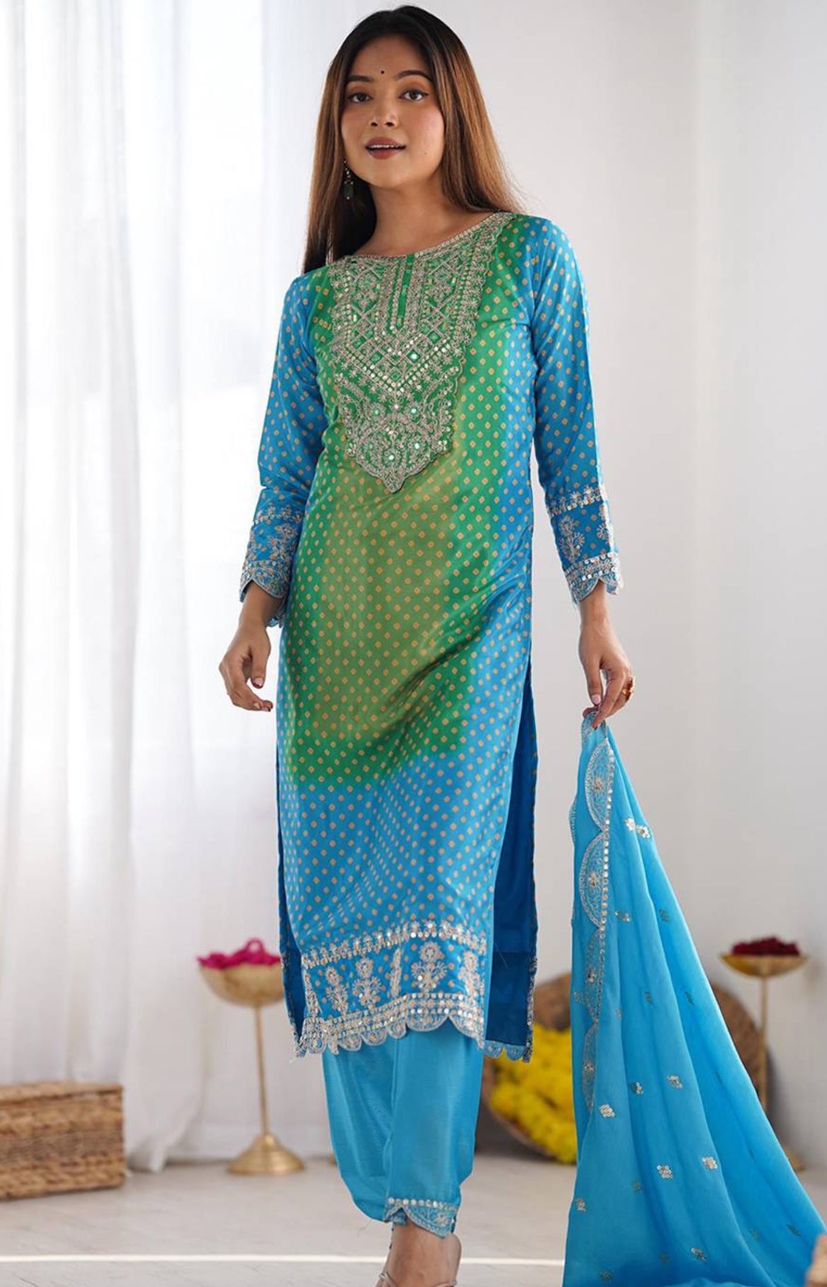 Green  Aqua Blue Pure Chinon Kurta Pant with Heavy Thread Embroidery Work