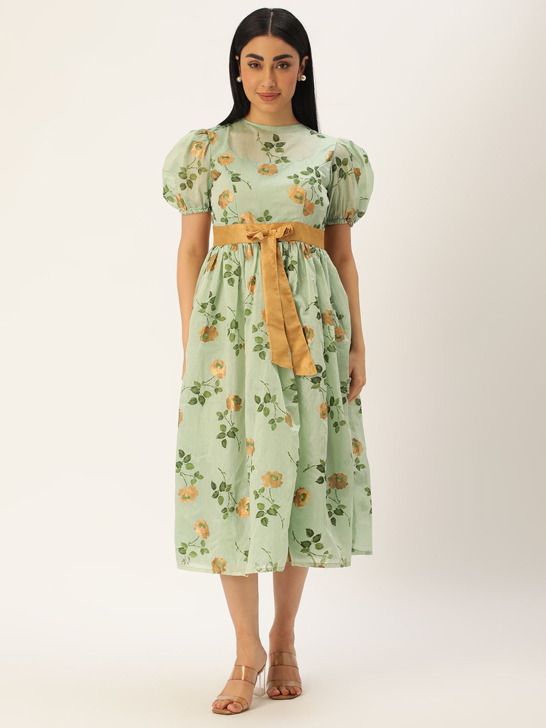 Green Art Silk Dress & Gown With Floral Foil Print