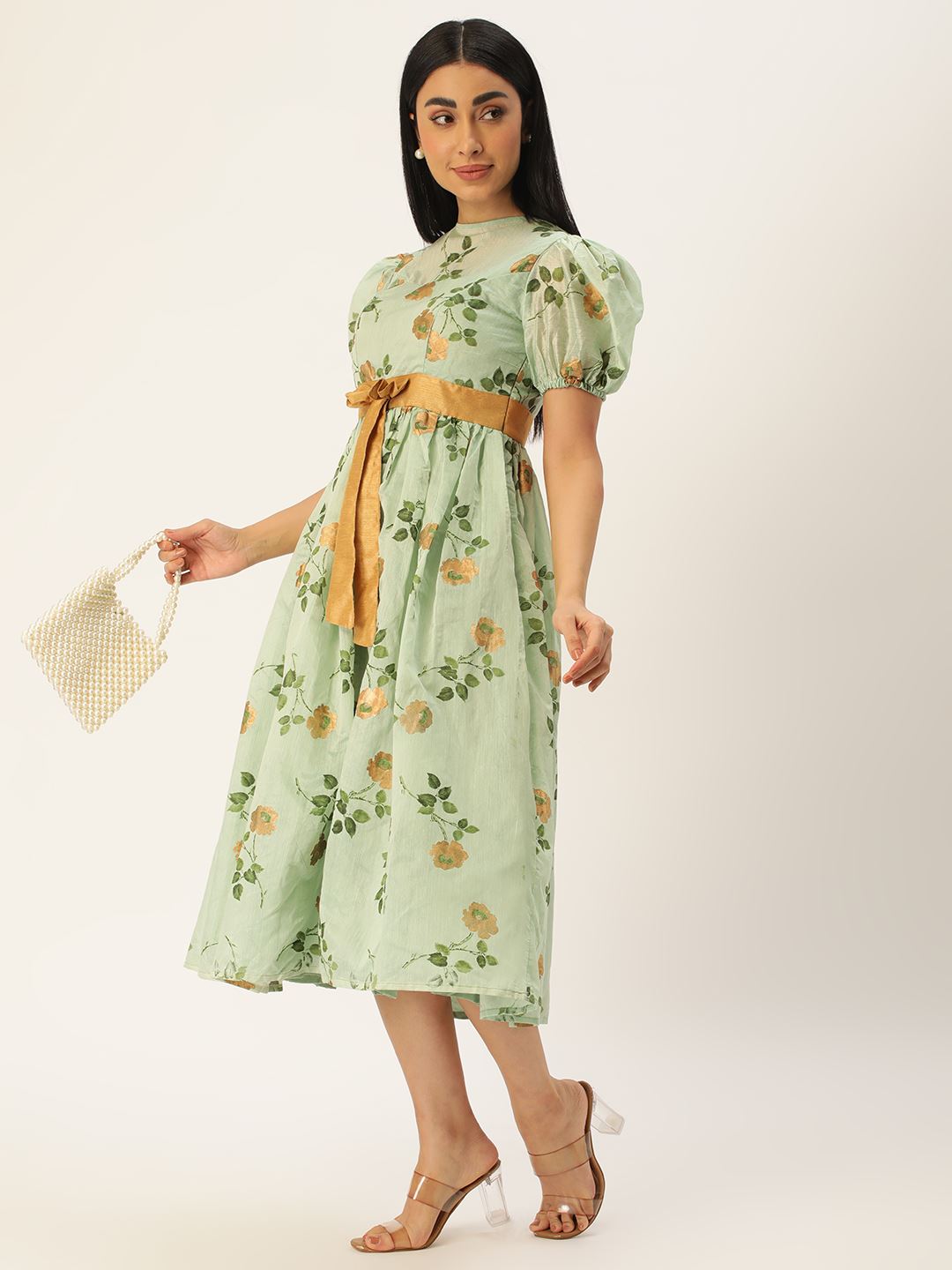 Green Art Silk Dress & Gown With Floral Foil Print