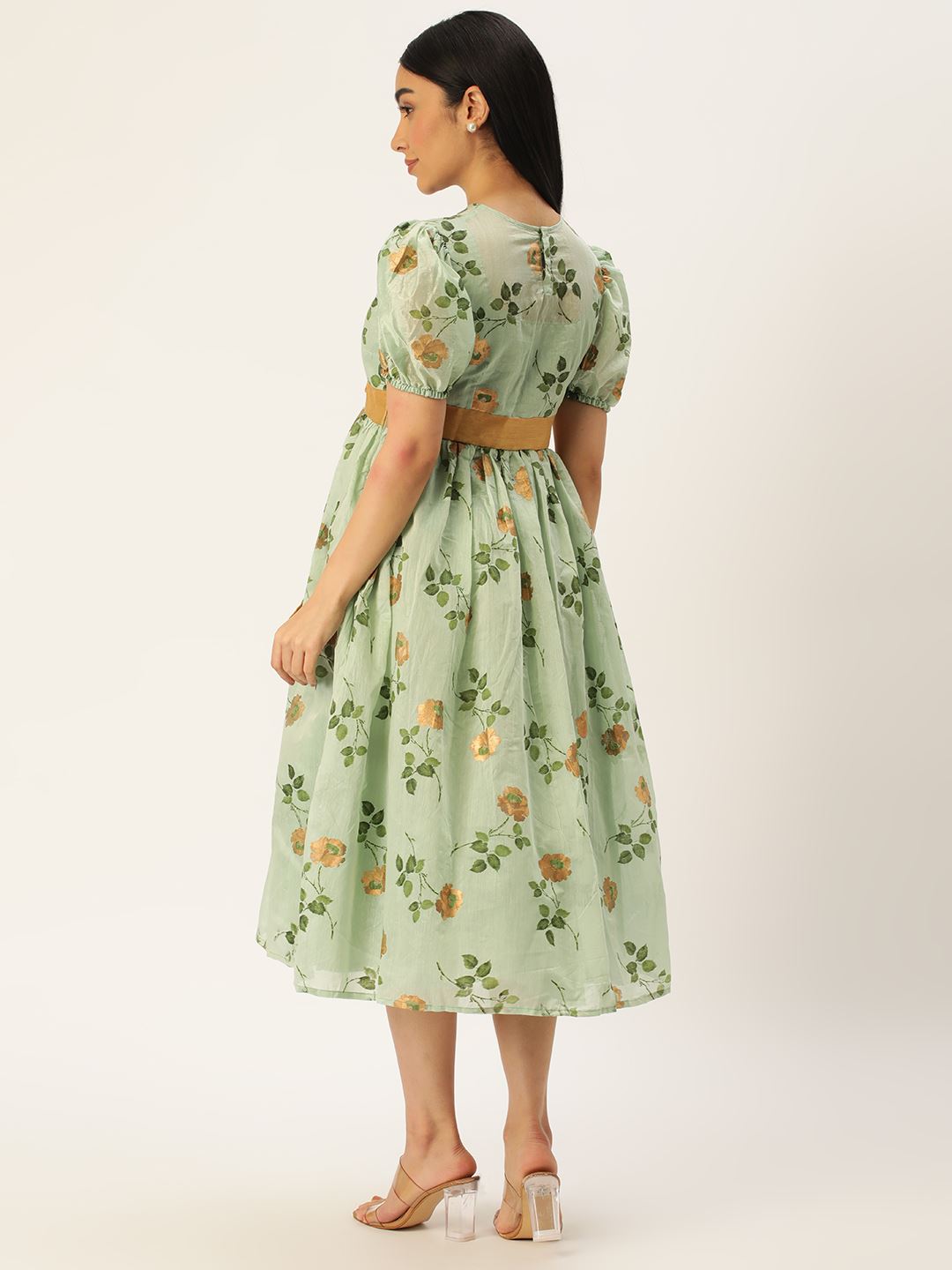 Green Art Silk Dress & Gown With Floral Foil Print