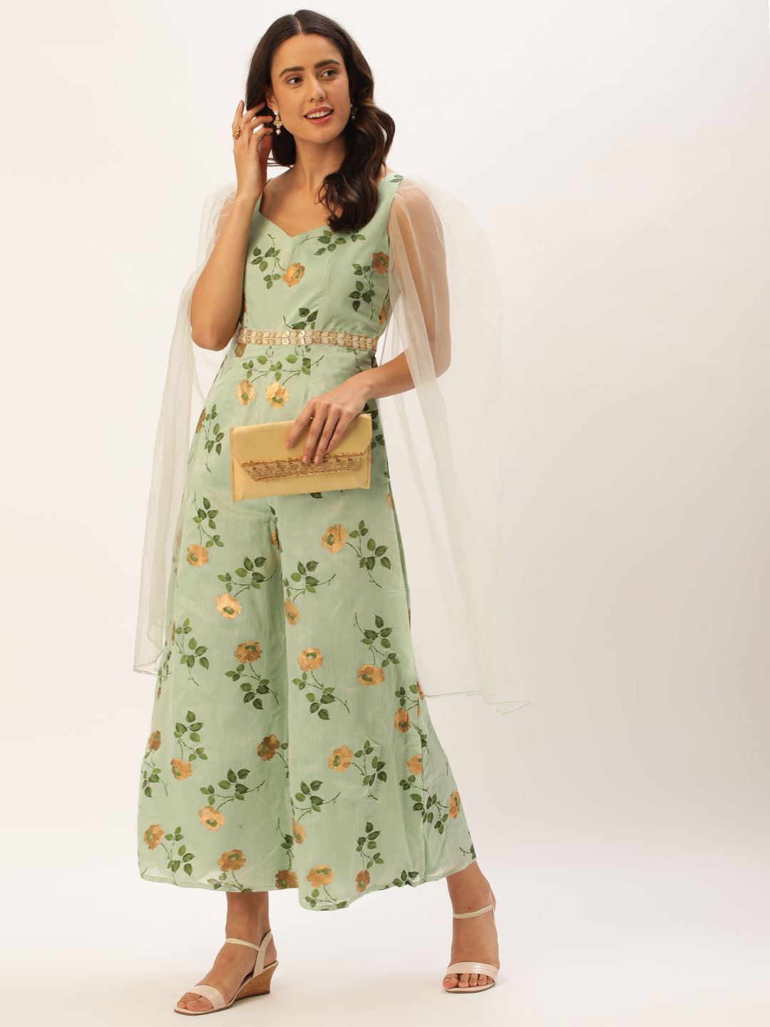 Green Art Silk Jumpsuit with Floral Print with Foil Print