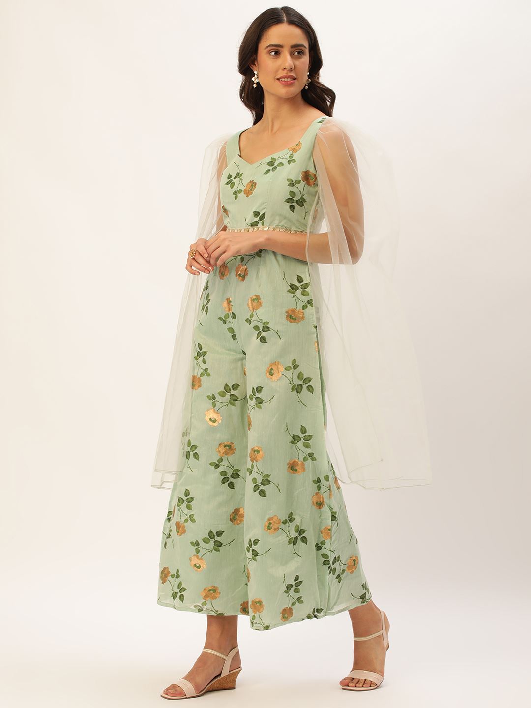 Green Art Silk Jumpsuit with Floral Print with Foil Print