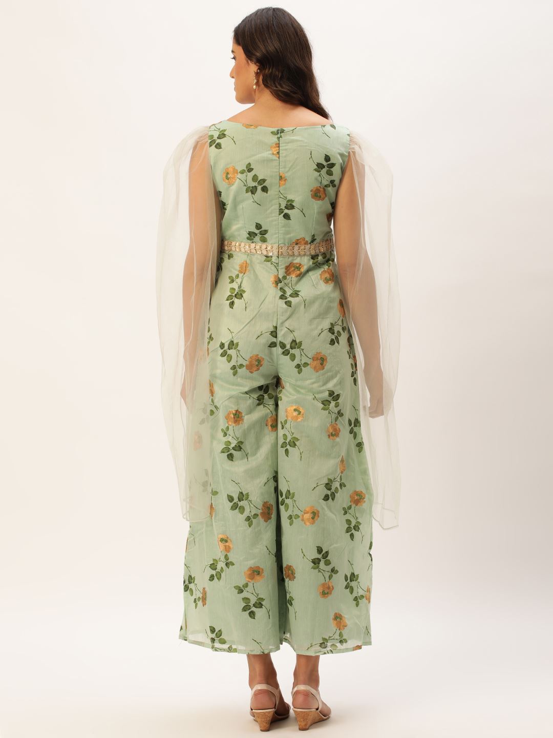Green Art Silk Jumpsuit with Floral Print with Foil Print