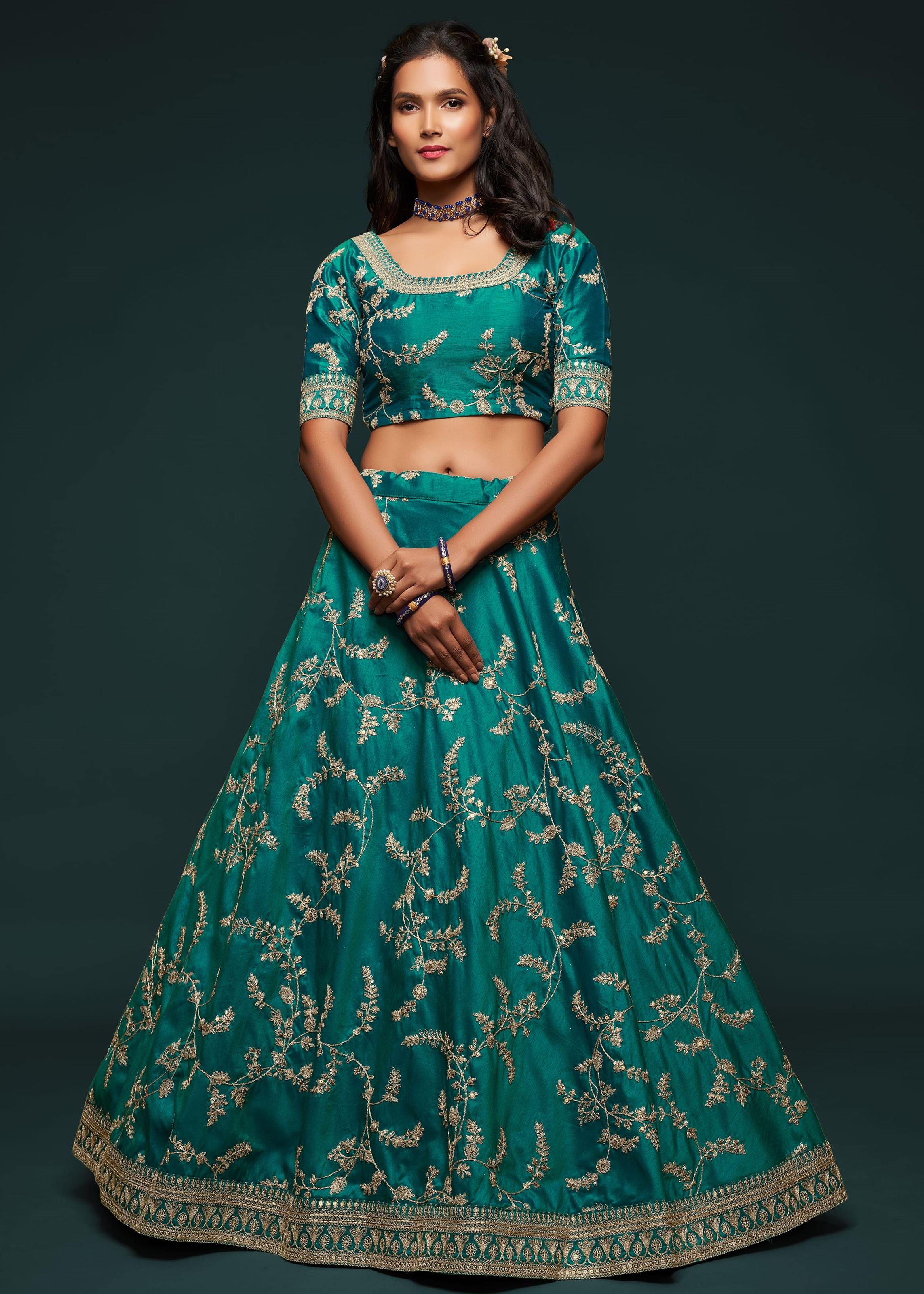 Green Art Silk Lehenga Choli With Thread, Zari, Dori and Sequins Embroidery Work