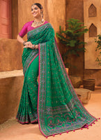 Green Banarasi Silk Saree With  Pure kacchi, Diamond and Mirror Work
