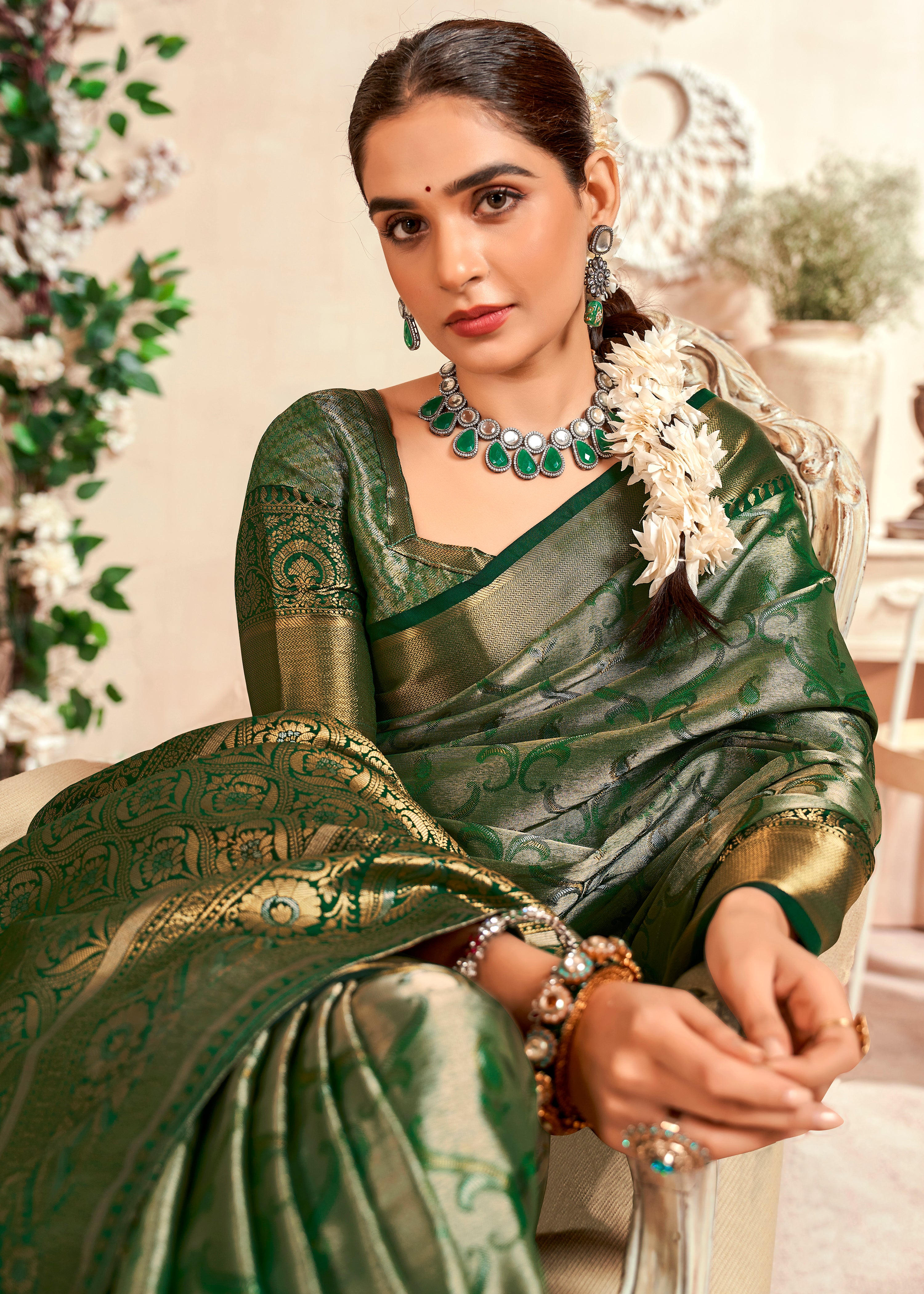 Green Banarasi Silk Saree With  Zari Jacquard Woven Work