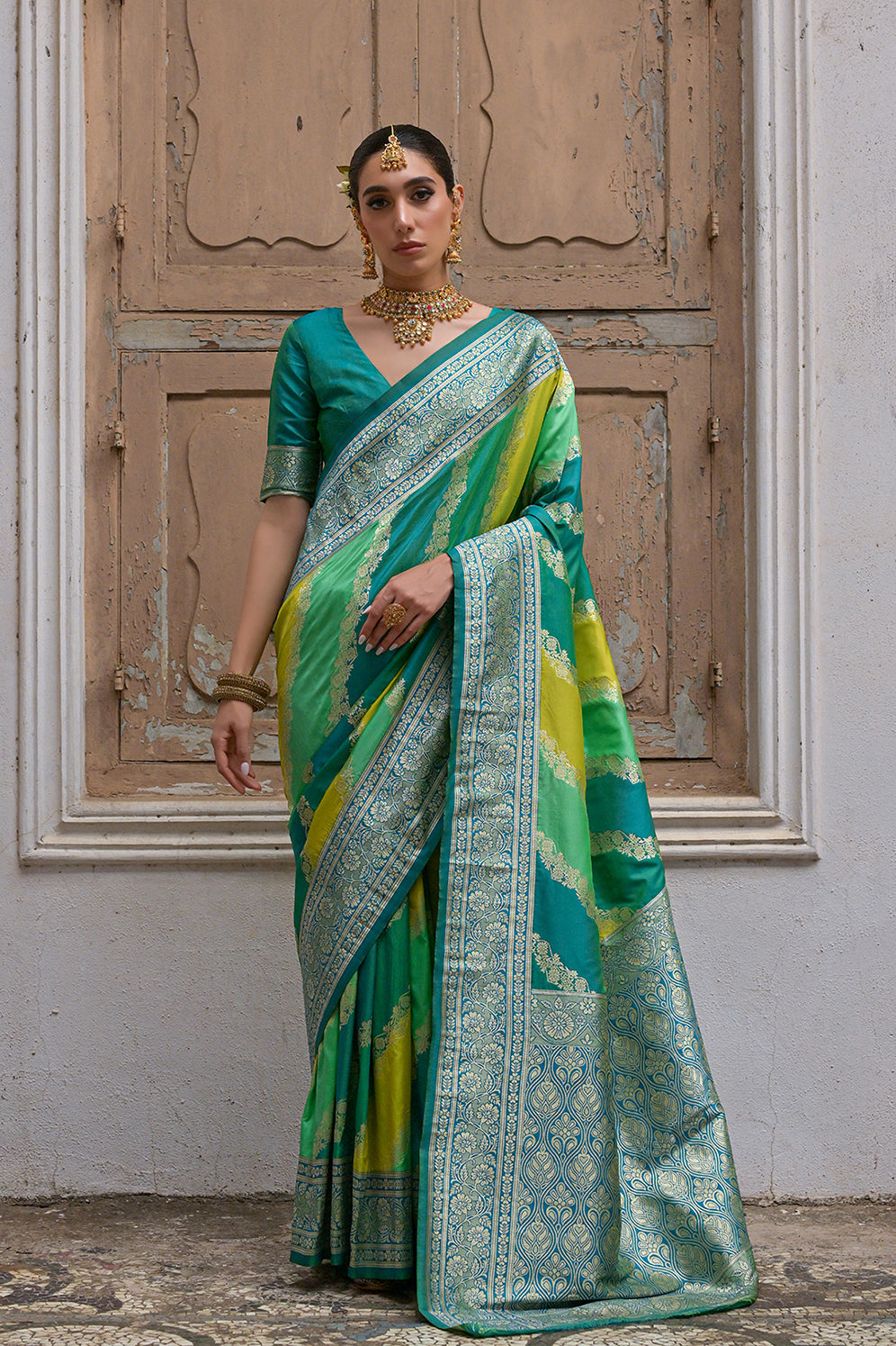 Green Banarasi Silk Saree with Leriya Zari and Contrast Pallu