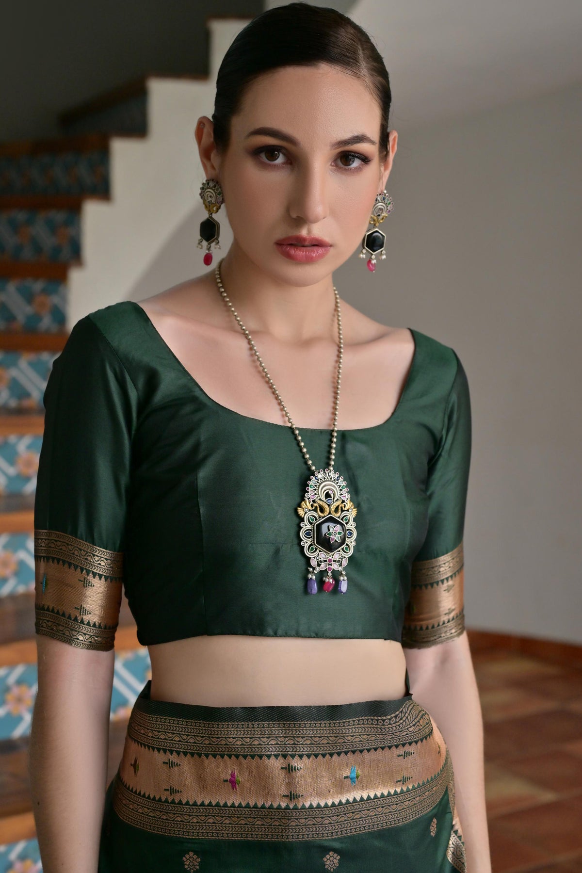 Green Banarasi Silk Saree with Traditional Paithani Woven Design