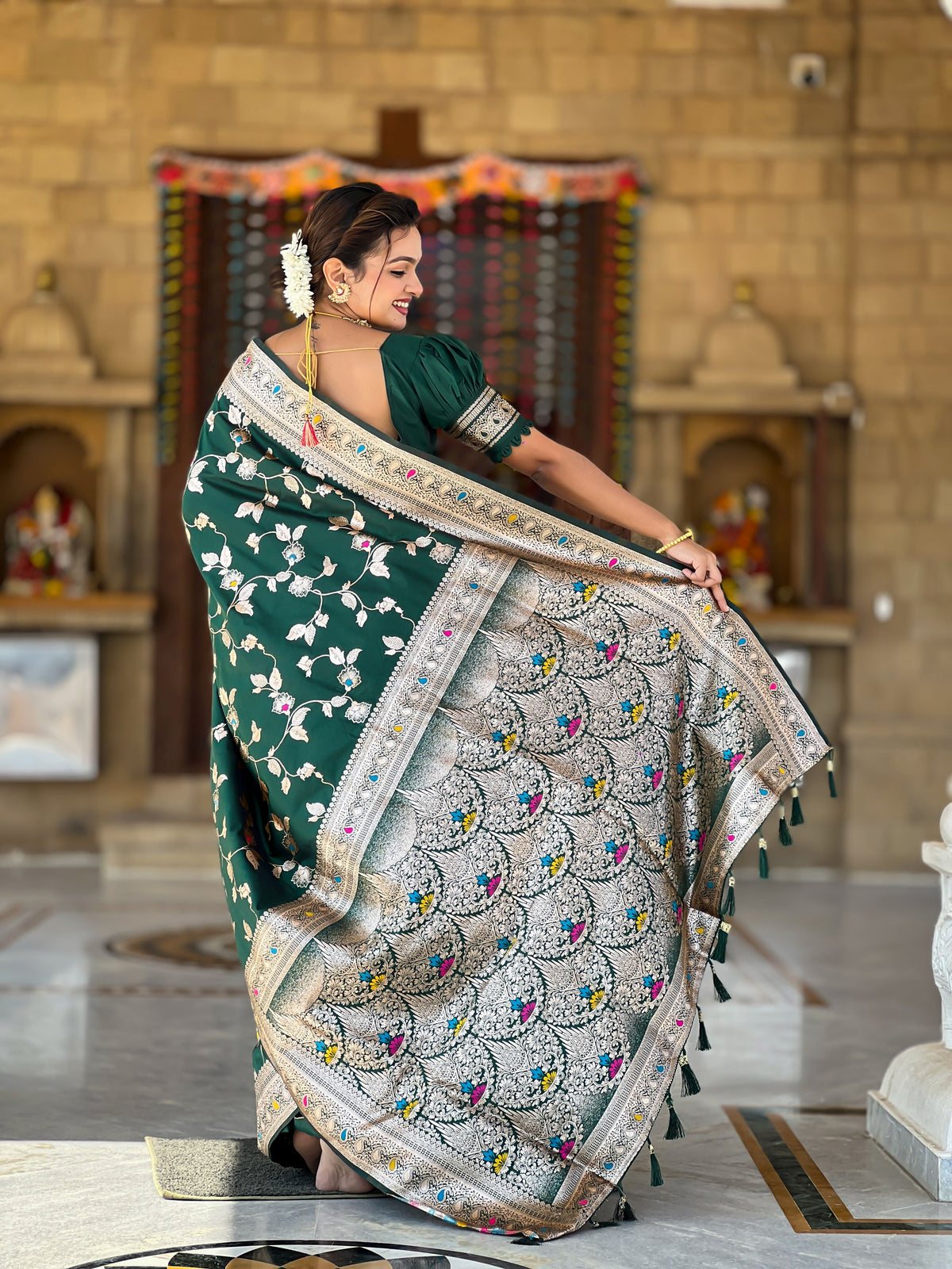 Green Banarasi Silk Woven Jacquard Designer Ceremonial Partywear Saree