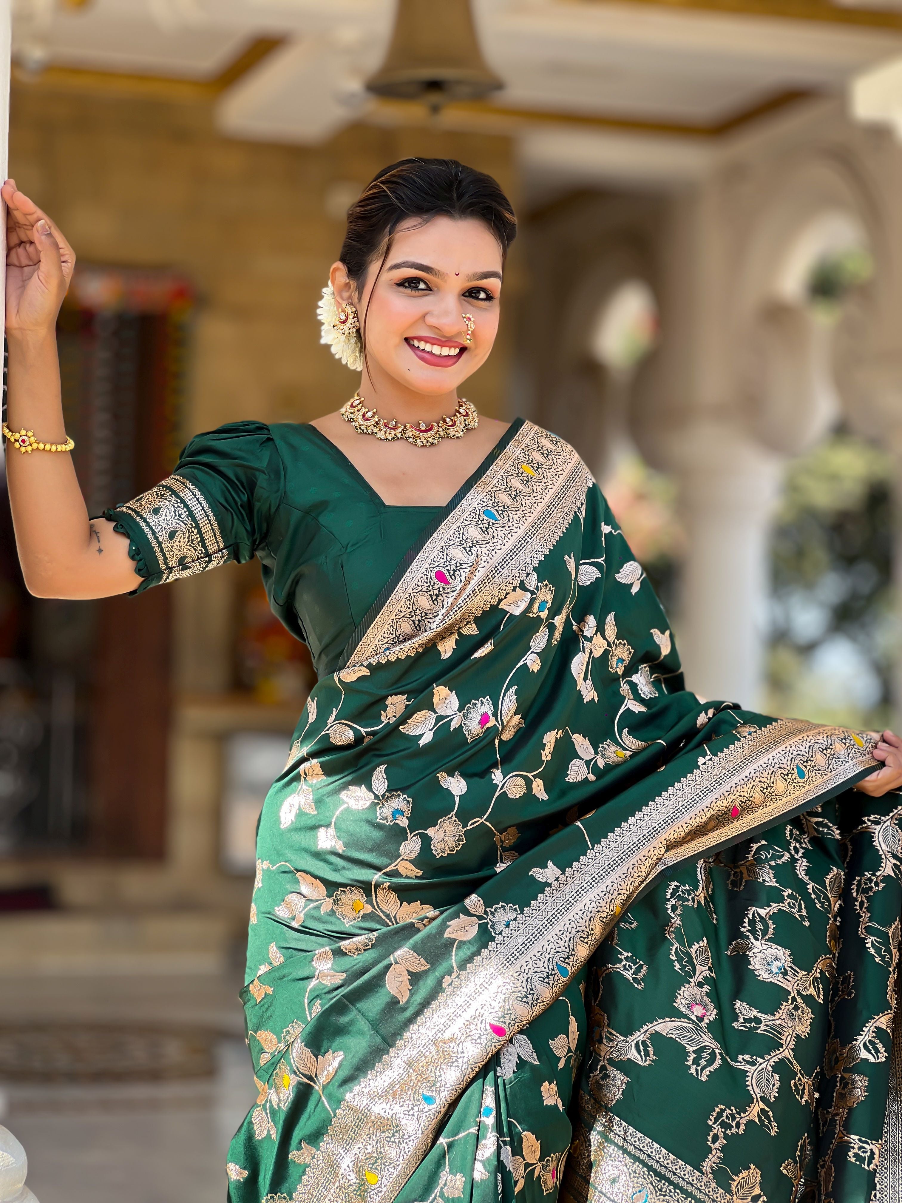 Green Banarasi Silk Woven Jacquard Designer Ceremonial Partywear Saree