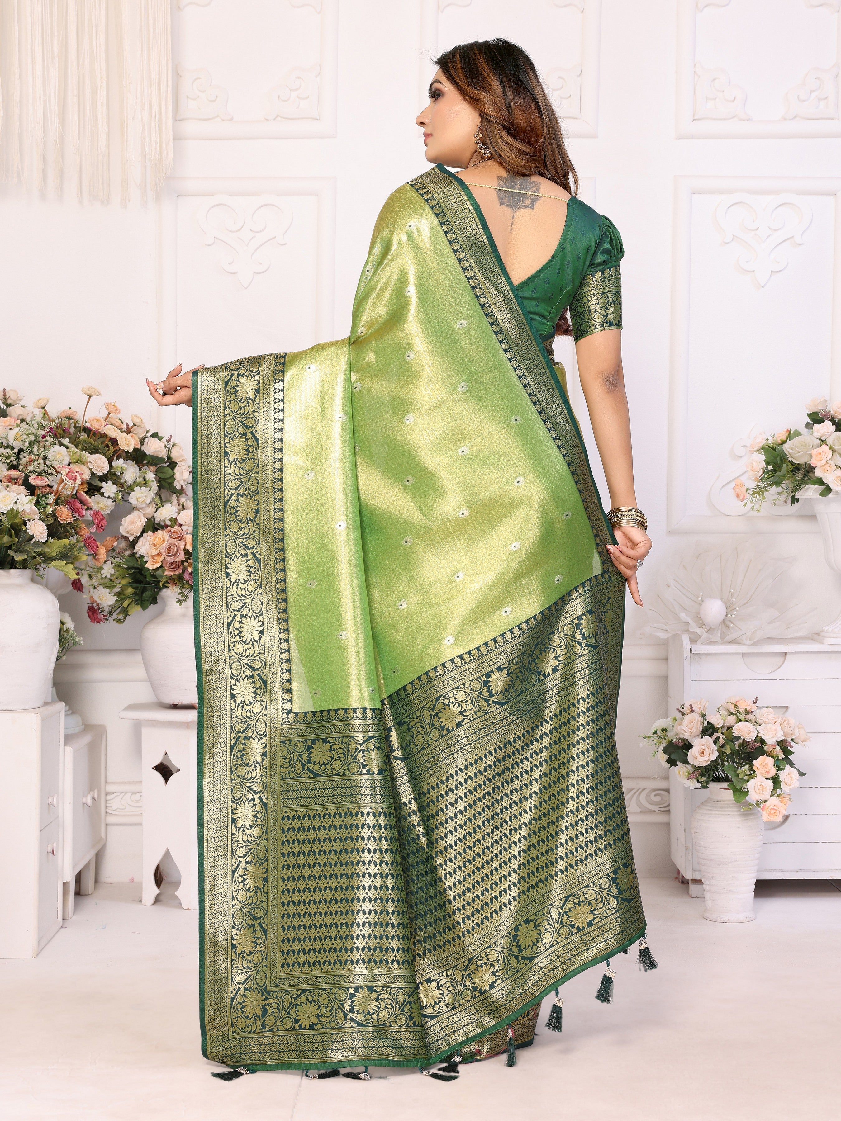 Green Banarasi Tissue Silk Woven Jari Heavy Designer Saree