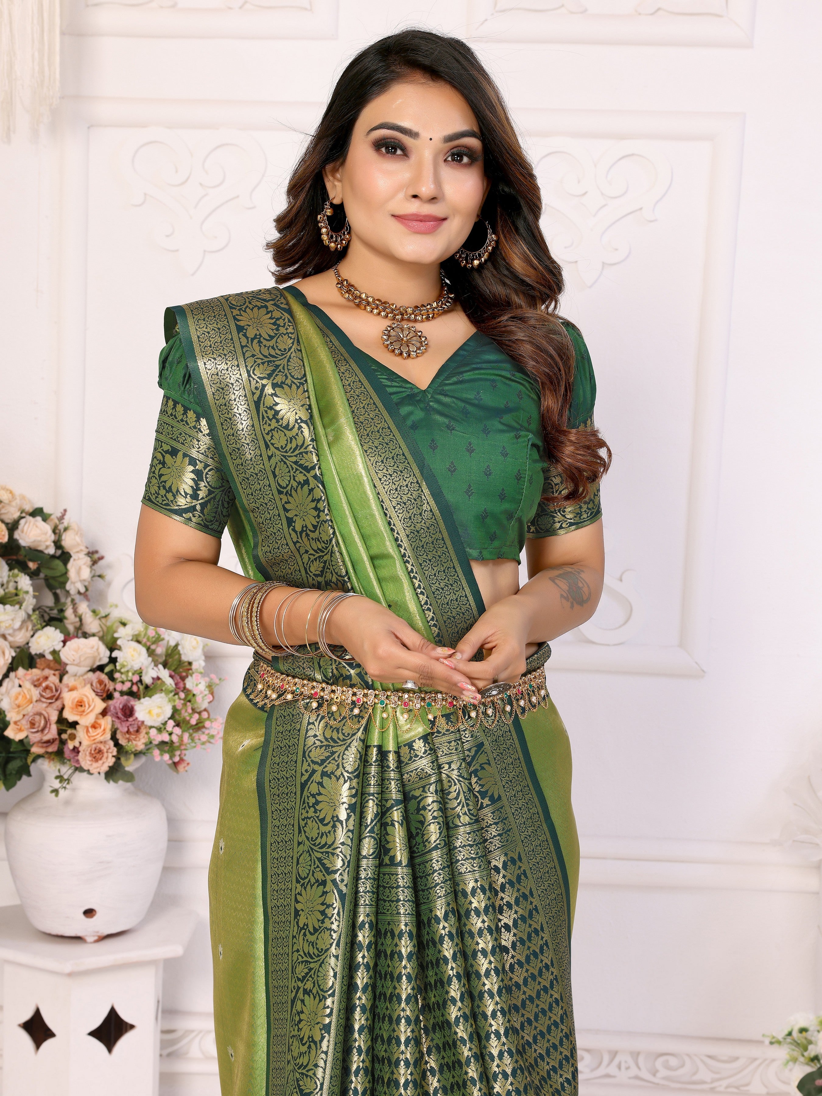 Green Banarasi Tissue Silk Woven Jari Heavy Designer Saree