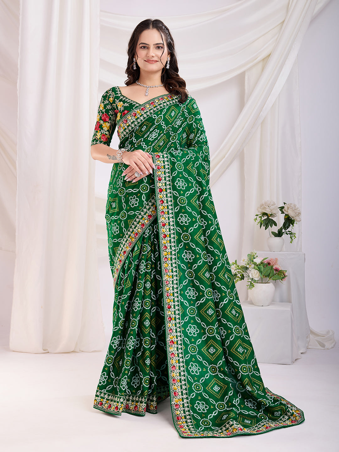 Green Bandhani Printed With Embroidery Work Beautiful Ceremonial Saree