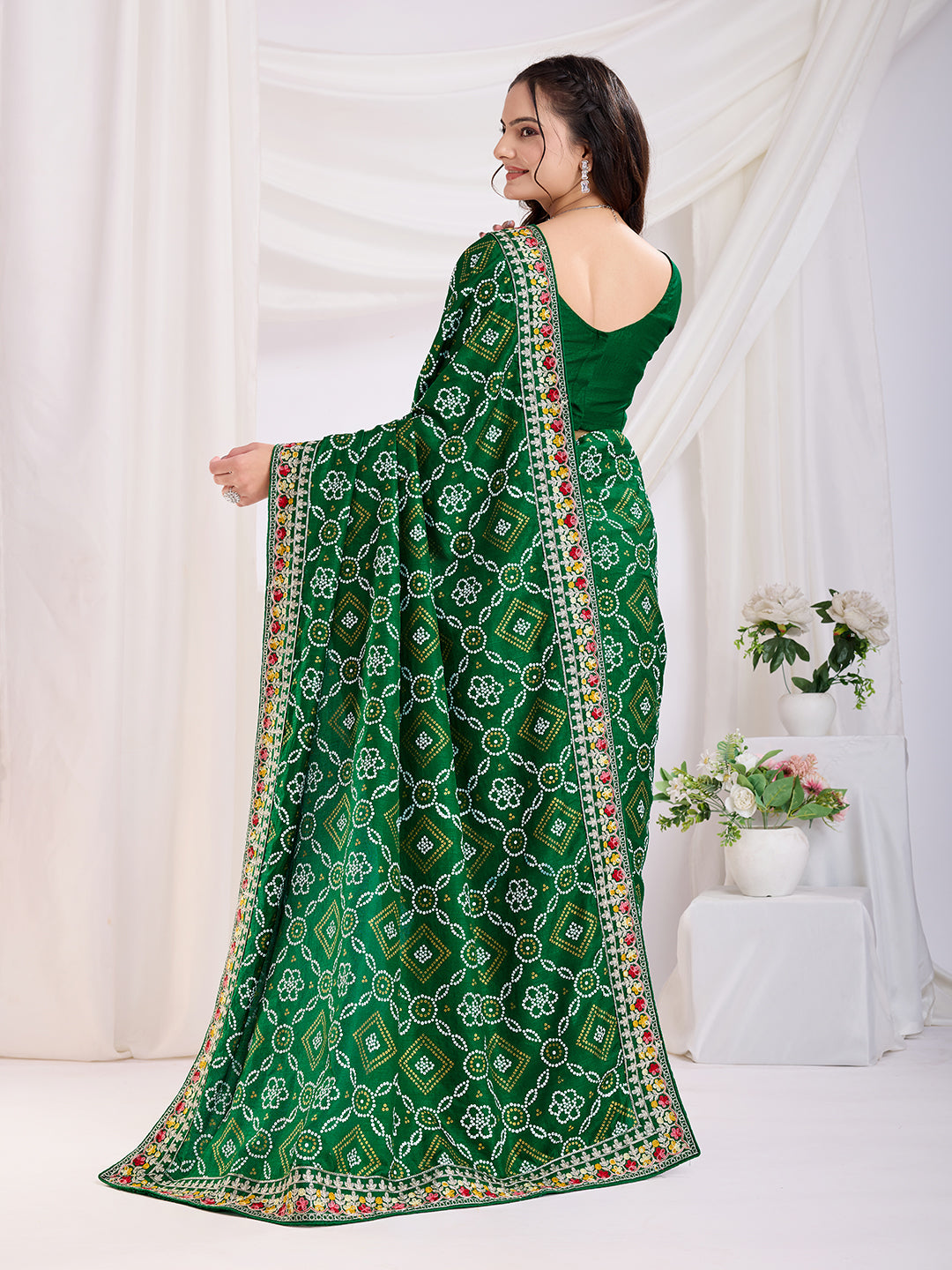 Green Bandhani Printed With Embroidery Work Beautiful Ceremonial Saree