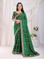 Green Bandhani Printed With Embroidery Work Beautiful Ceremonial Saree