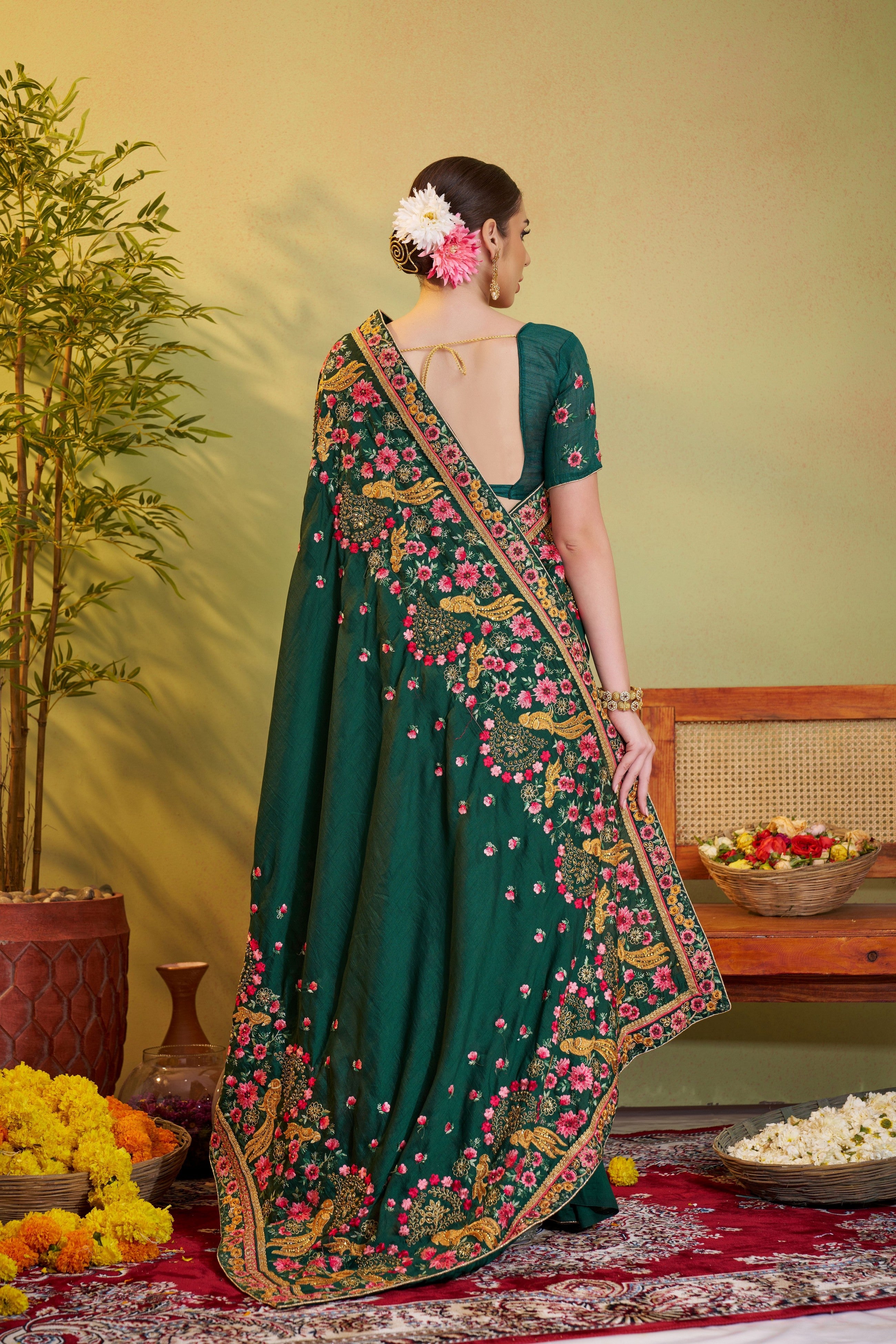 Green Barfi Satin Designer Partywear Saree For Rich Indian Looks