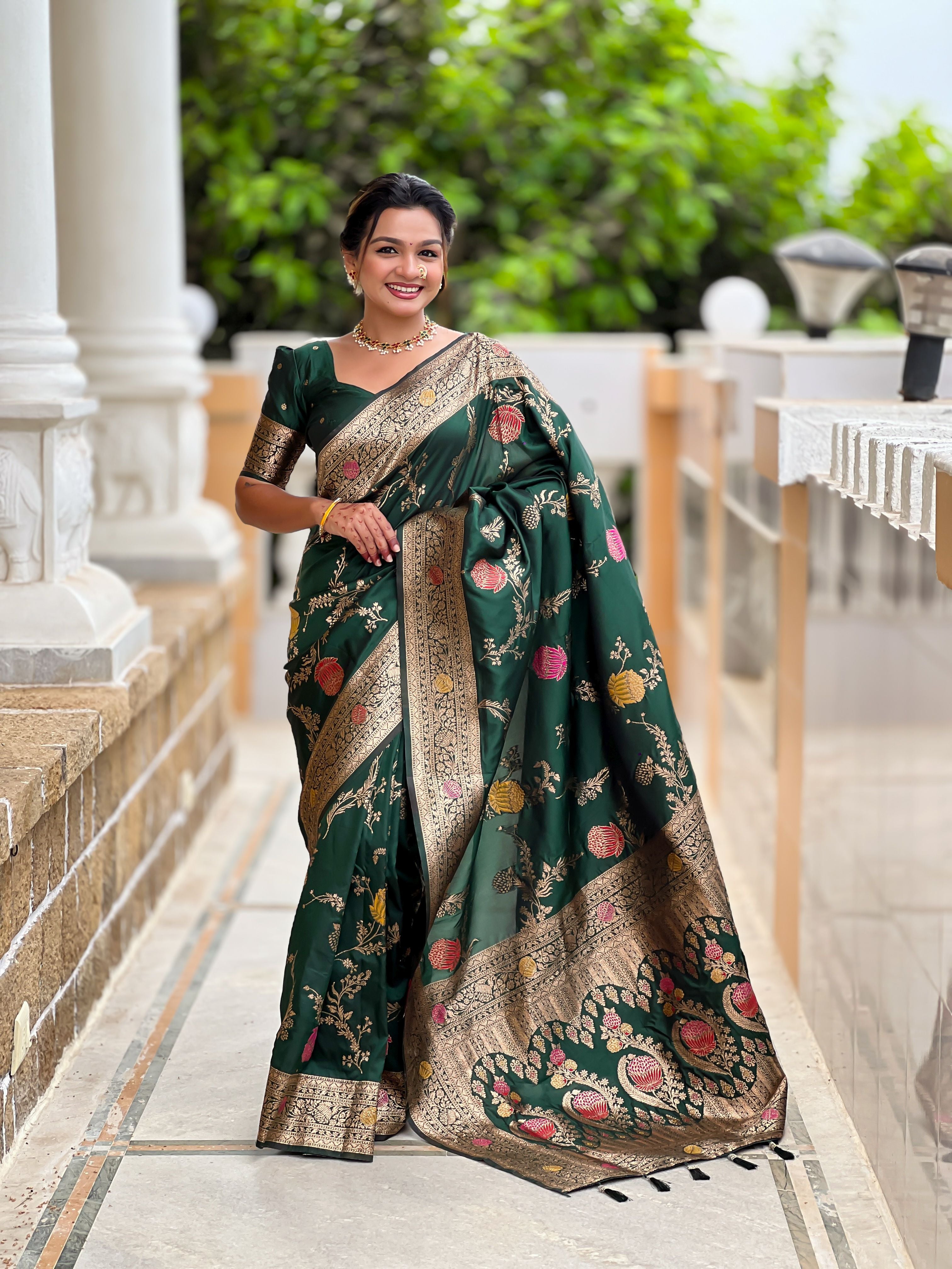Green Beautiful Banarasi Silk Woven Meenakari Designer Graceful Ethnic Saree