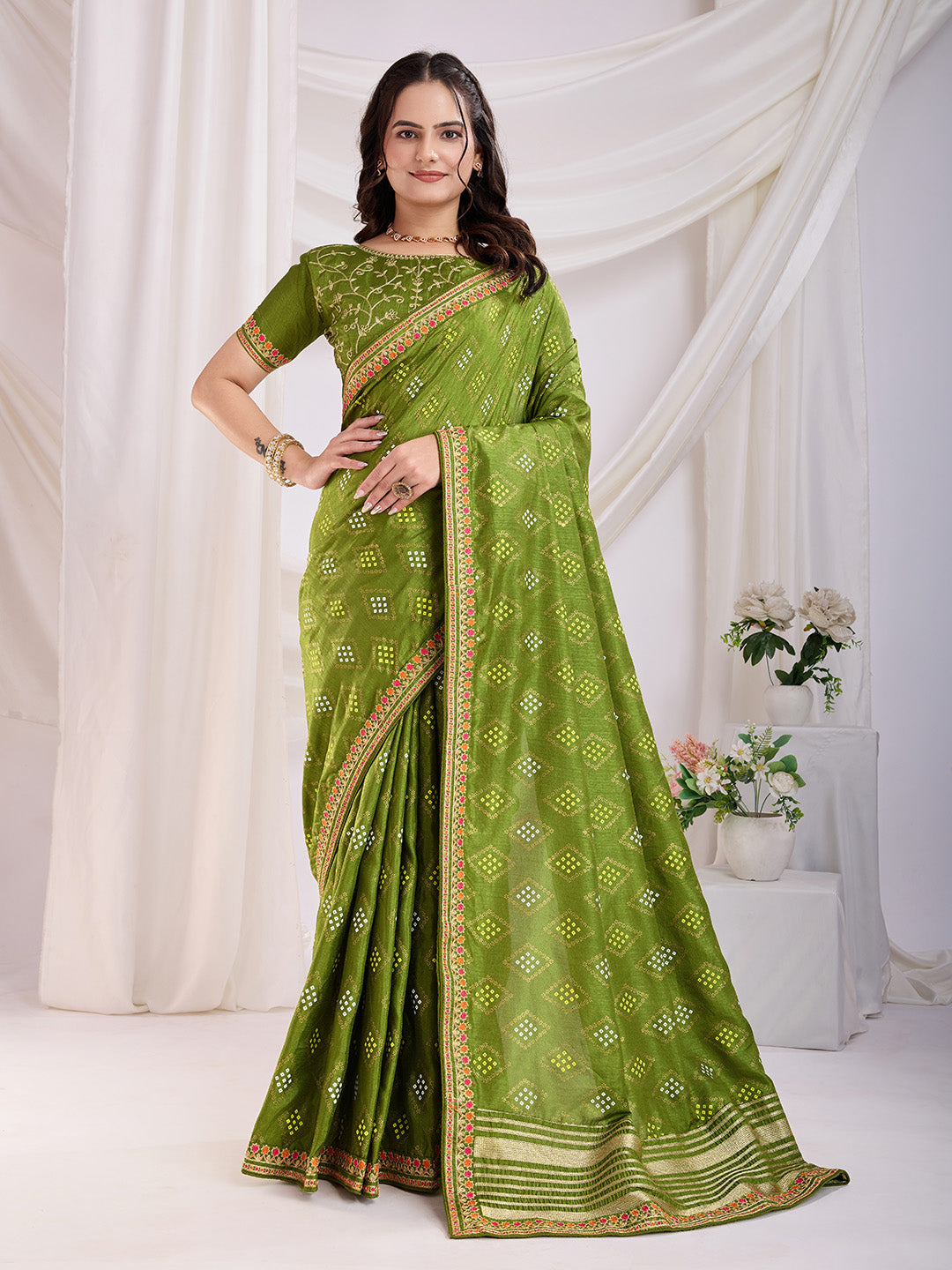 Green Beautiful Bandhej Printed With Embroidery Work Vichitra Silk Saree