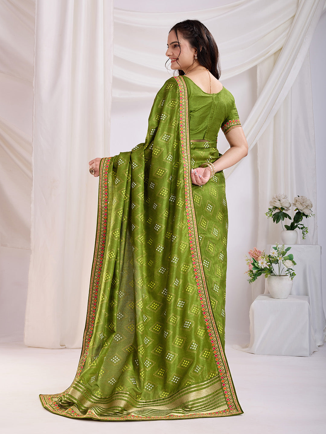 Green Beautiful Bandhej Printed With Embroidery Work Vichitra Silk Saree