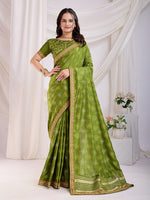 Green Beautiful Bandhej Printed With Embroidery Work Vichitra Silk Saree