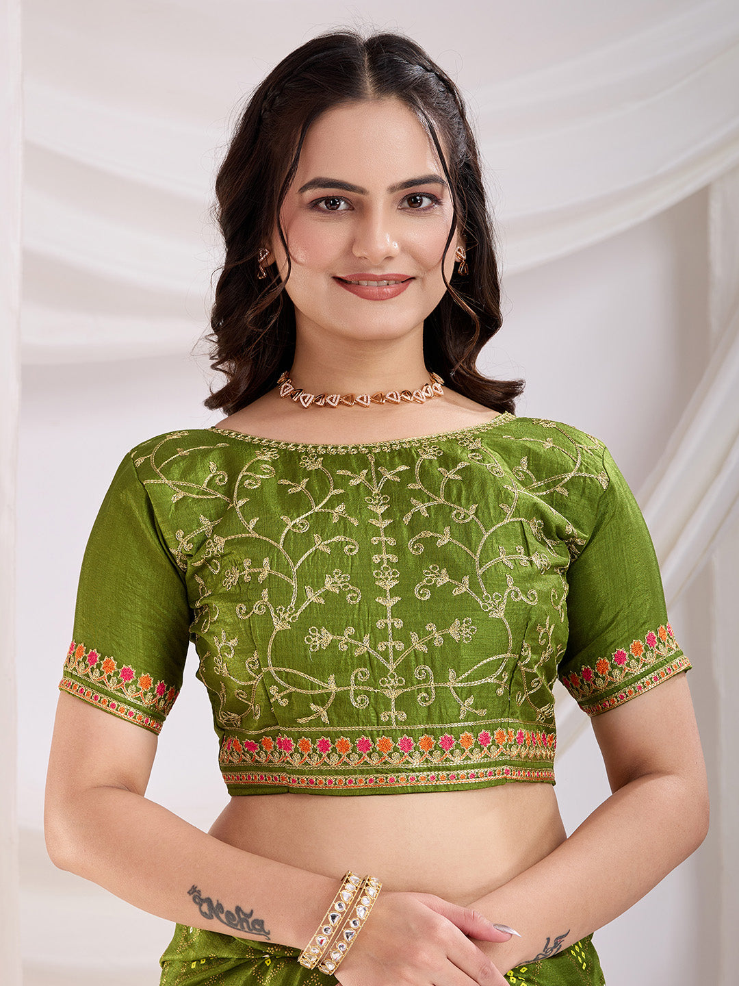 Green Beautiful Bandhej Printed With Embroidery Work Vichitra Silk Saree