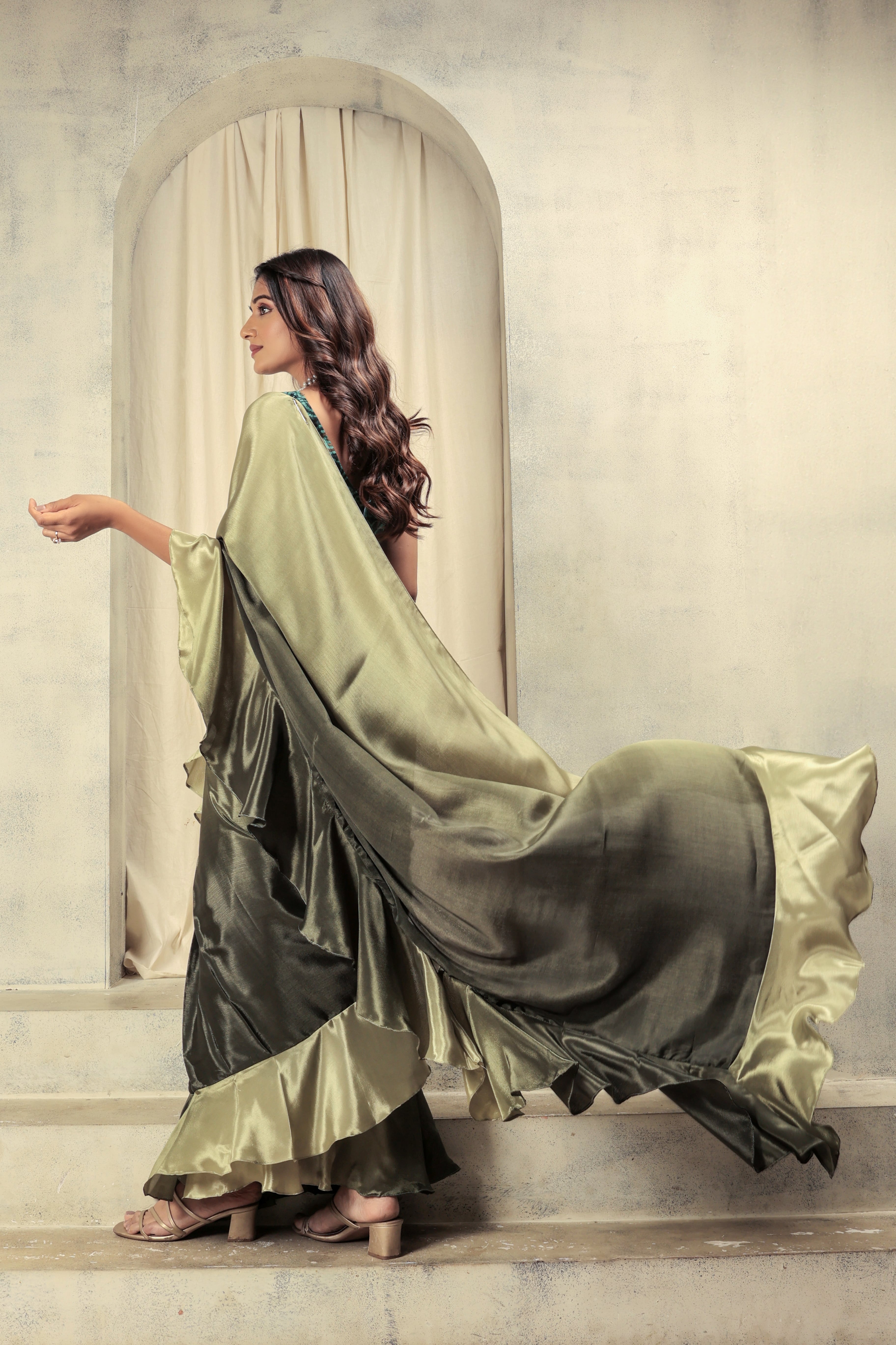 Green Beautiful Bollywood Style Satin Partywear Saree