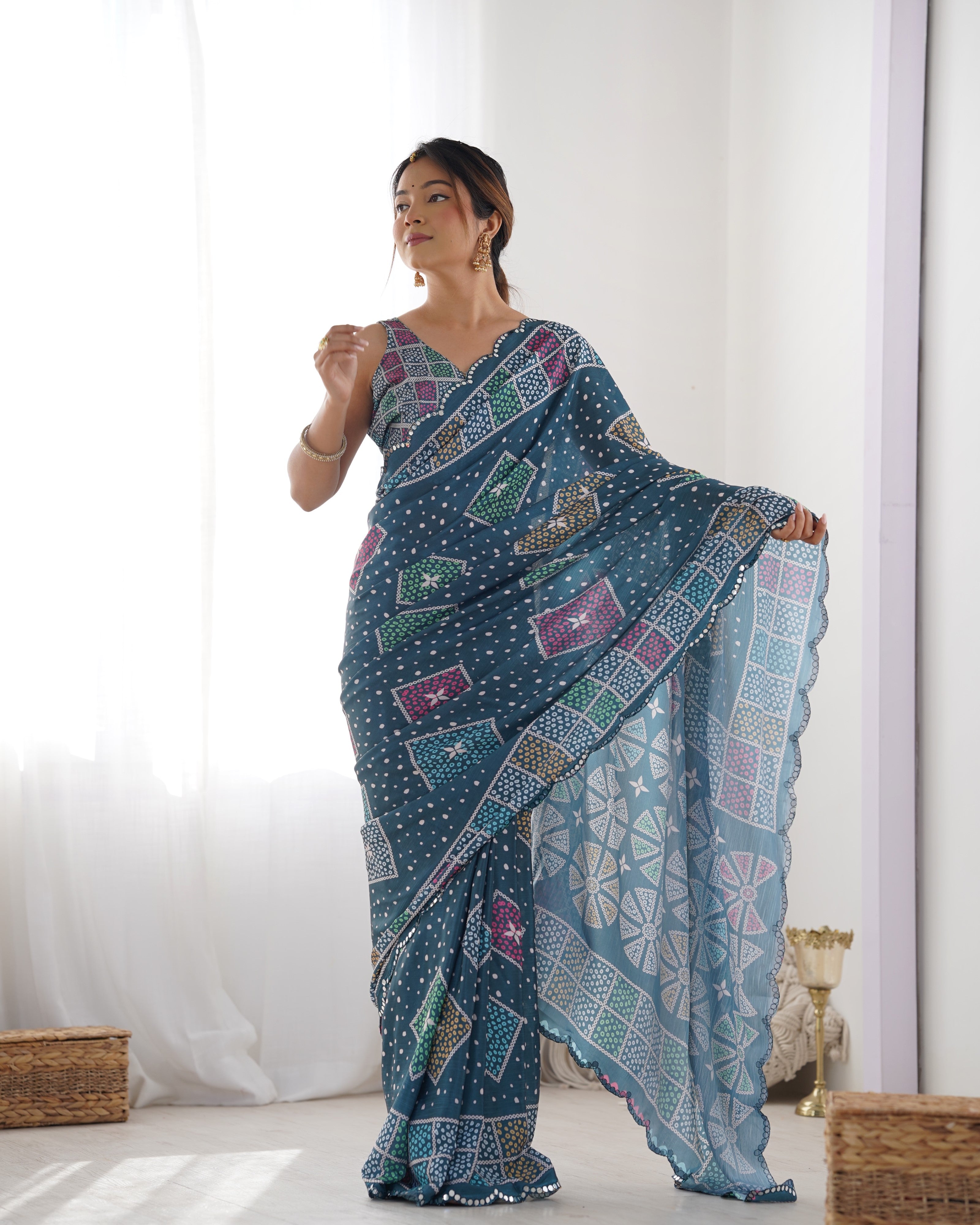 Green Beautiful Chinon Fabric Digital Printed Saree With Mirror Cut Work