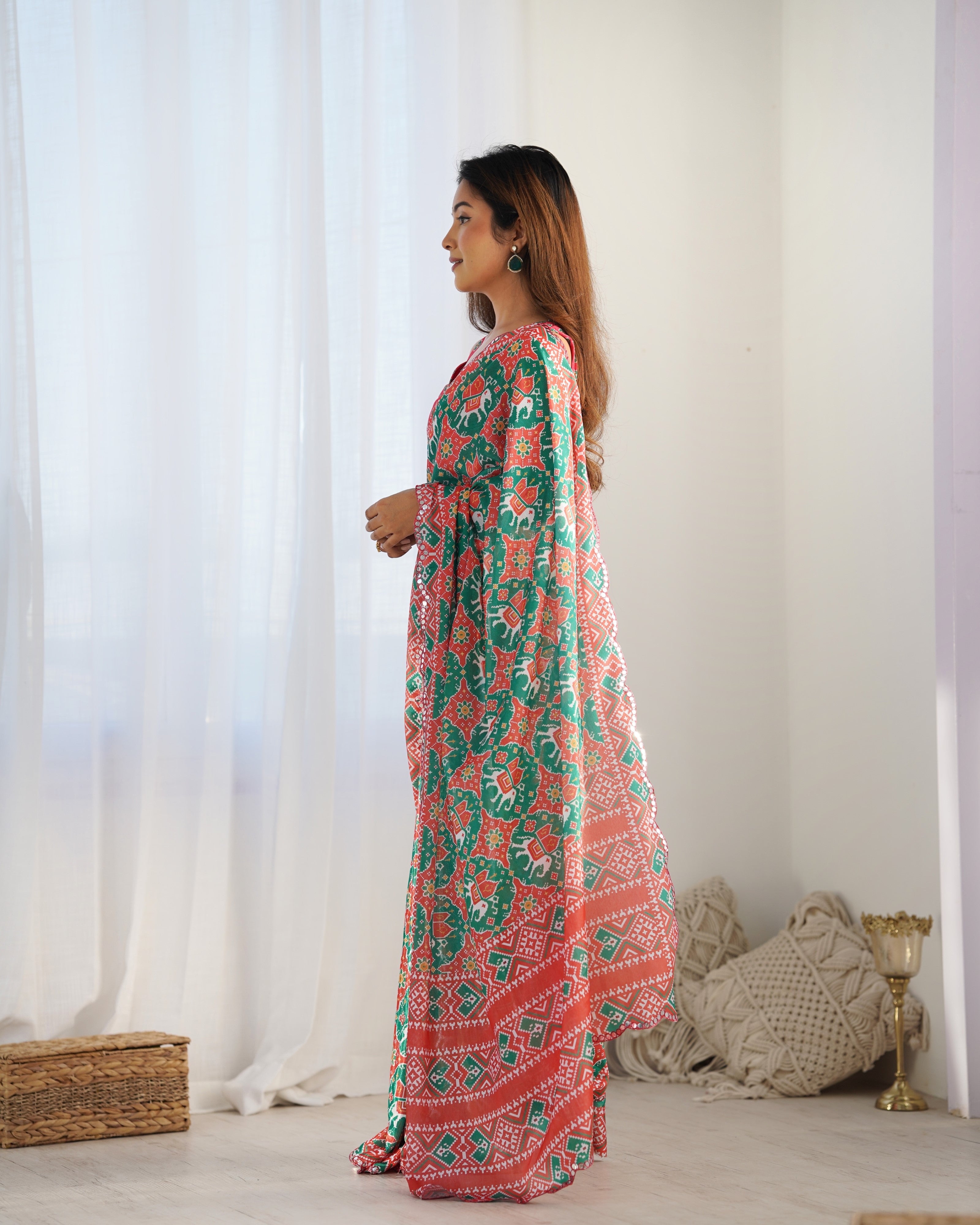 Green Beautiful Chinon Fabric Digital Printed Saree With Mirror Cut Work