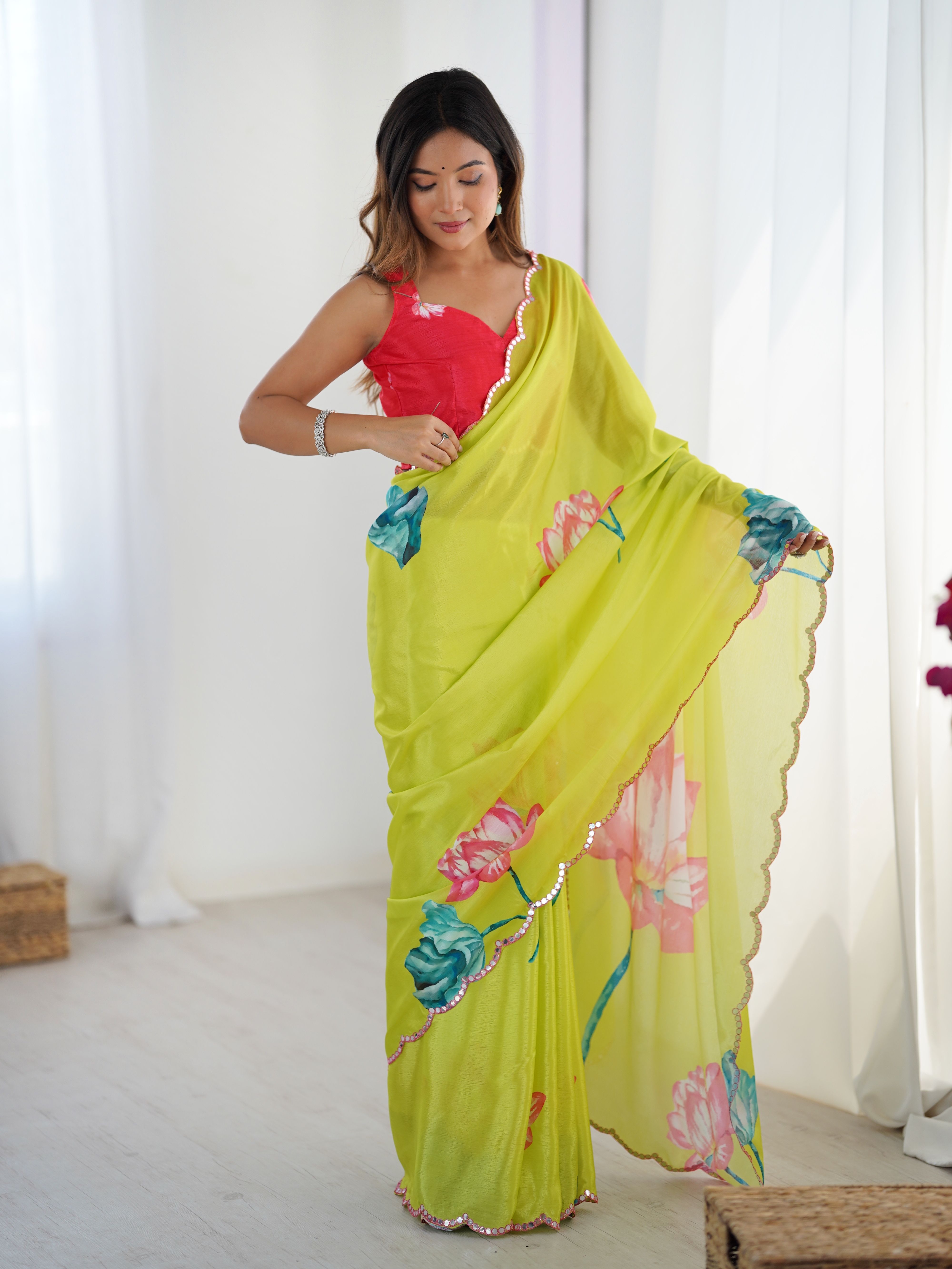 Green Beautiful Chinon Smart Printed Festive Wear Ceremonial Saree