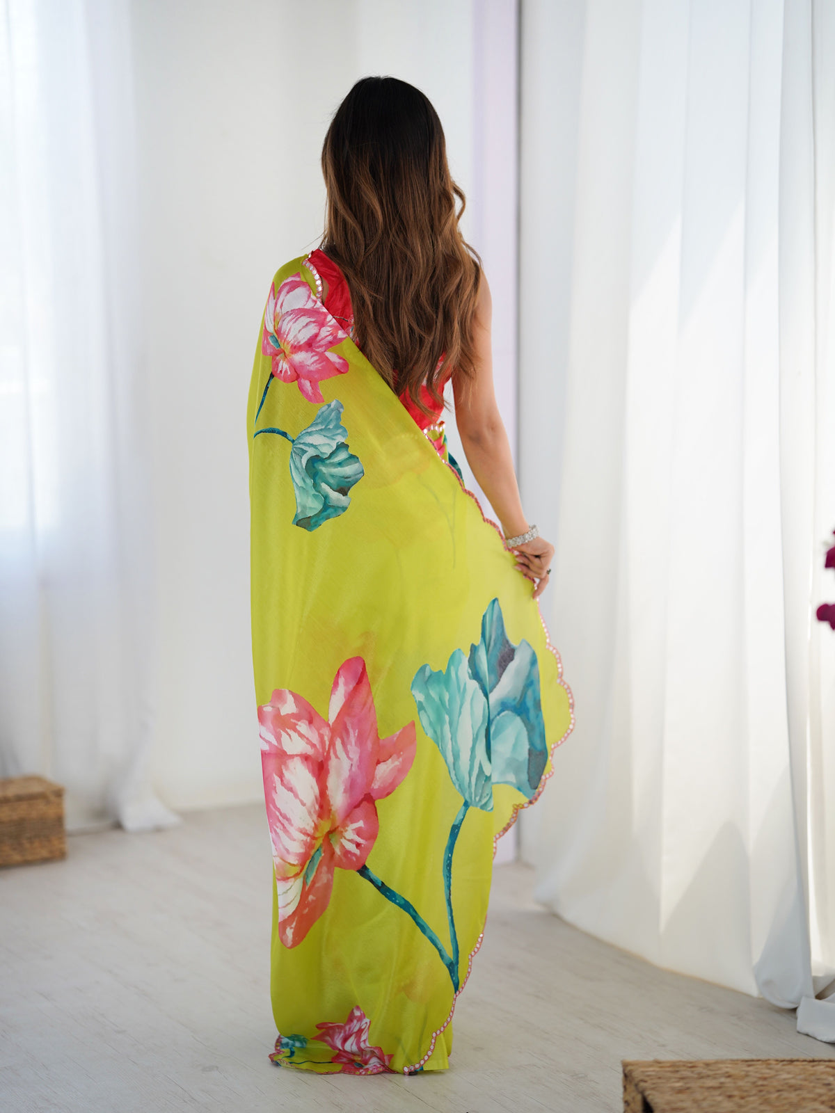 Green Beautiful Chinon Smart Printed Festive Wear Ceremonial Saree