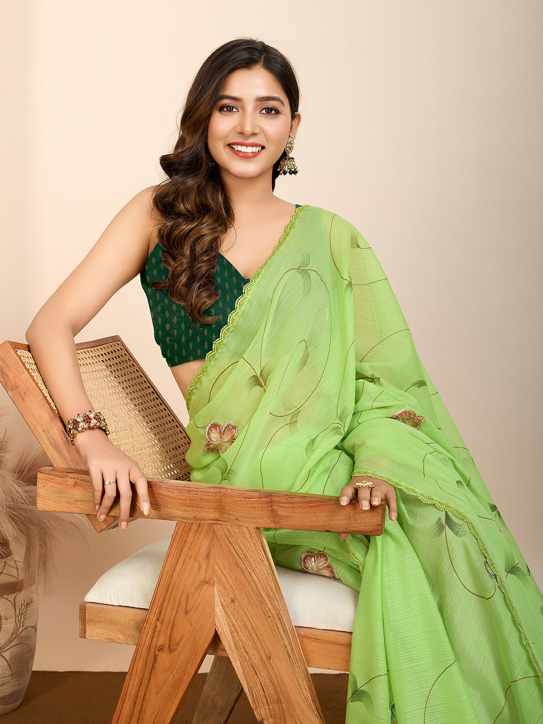 Green Beautiful Designer Brush And Foil Printed Ceremonial Partywear Saree