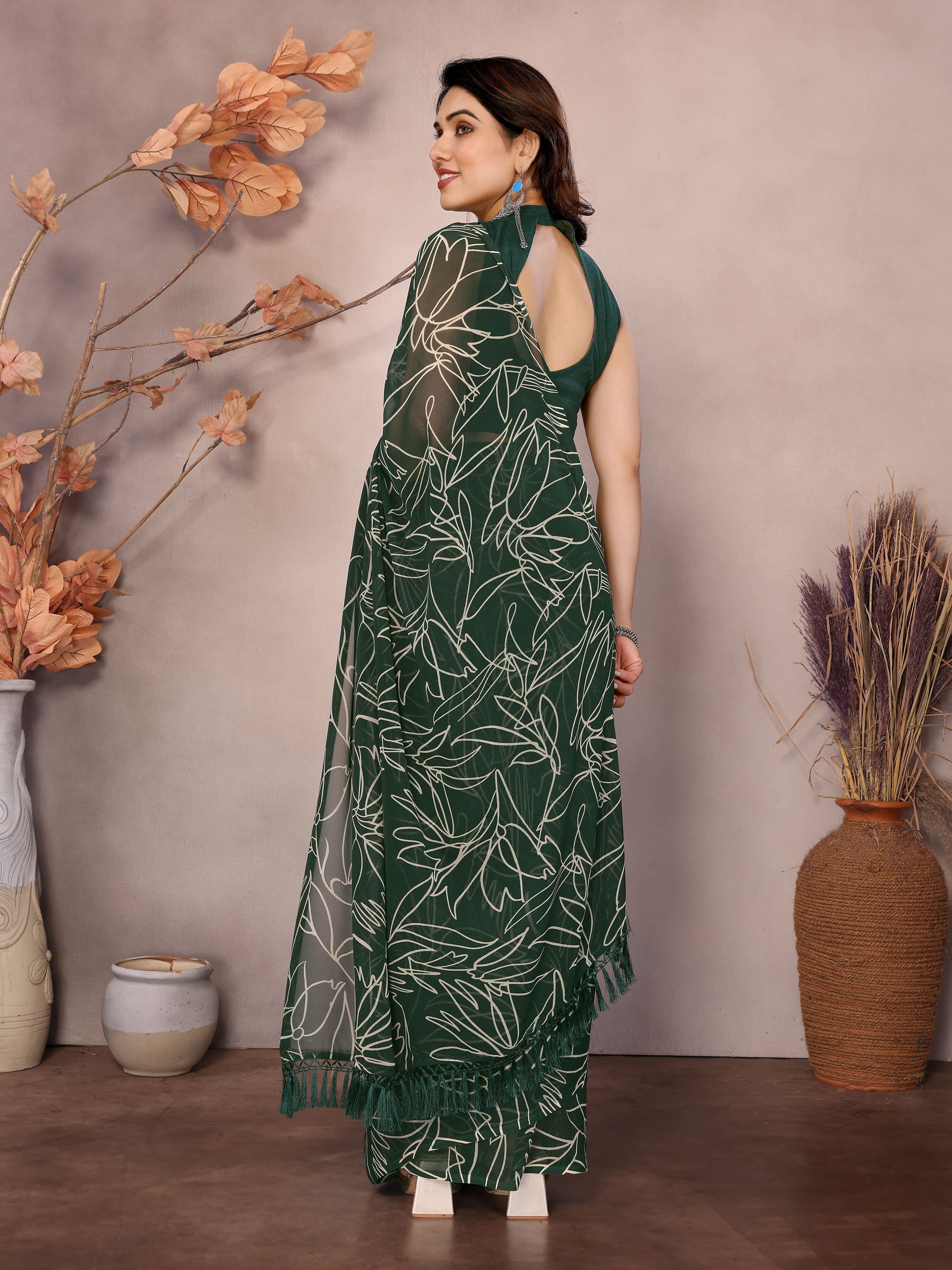 Green Beautiful Designer Printed Ready To Wear Saree For Fancy Looks