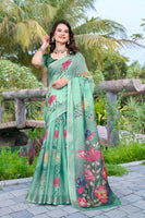Green Beautiful Designer Printed Saree With Woven Border