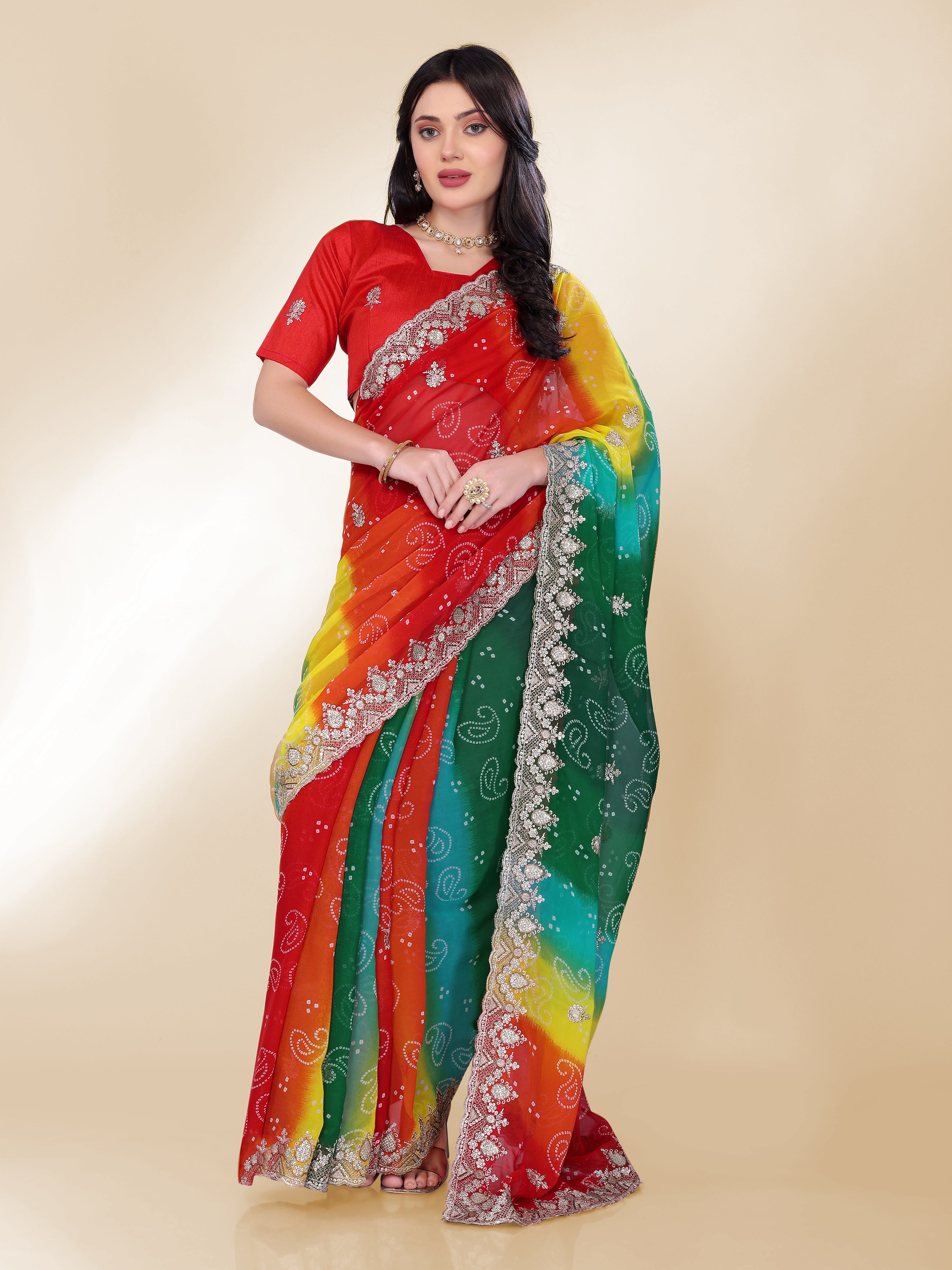 Green Beautiful Georgette Bandhej Printed Festive Saree