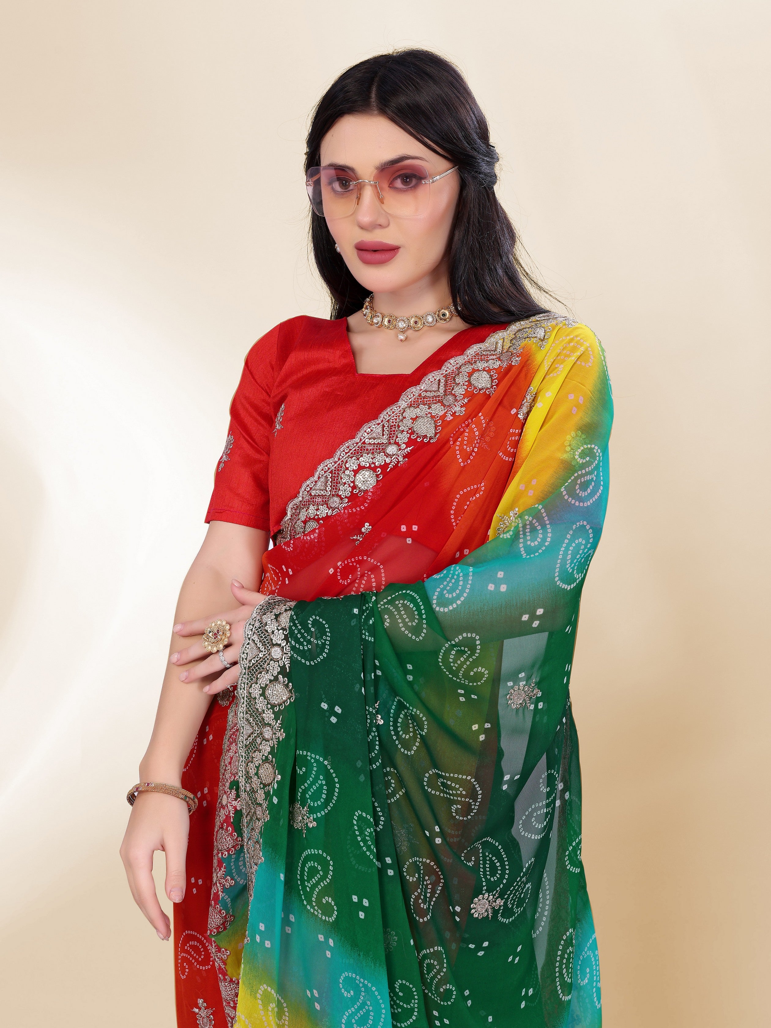 Green Beautiful Georgette Bandhej Printed Festive Saree