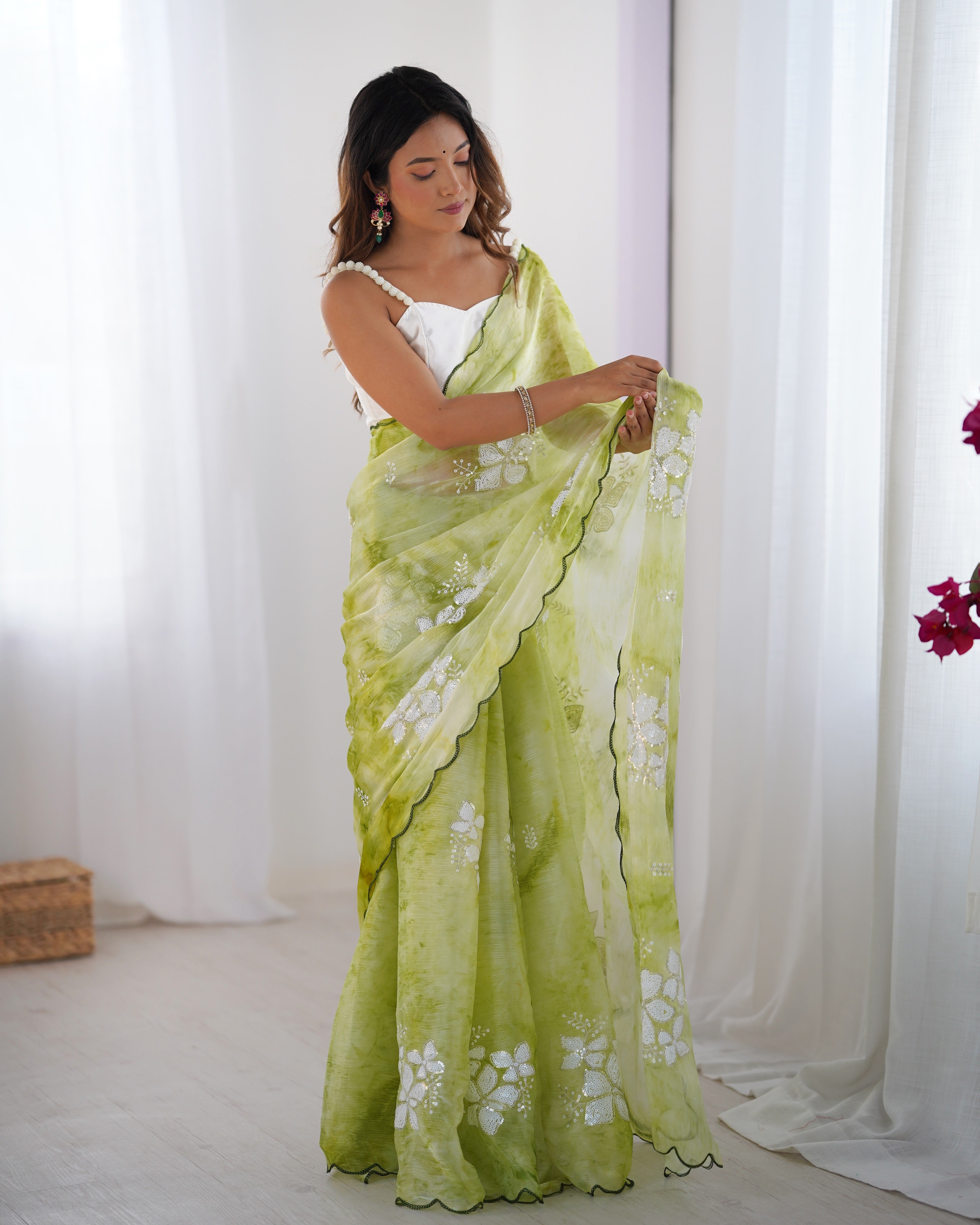 Green Beautiful Jimmy Choo Sequins Embroidered Ethnic Girlie Saree