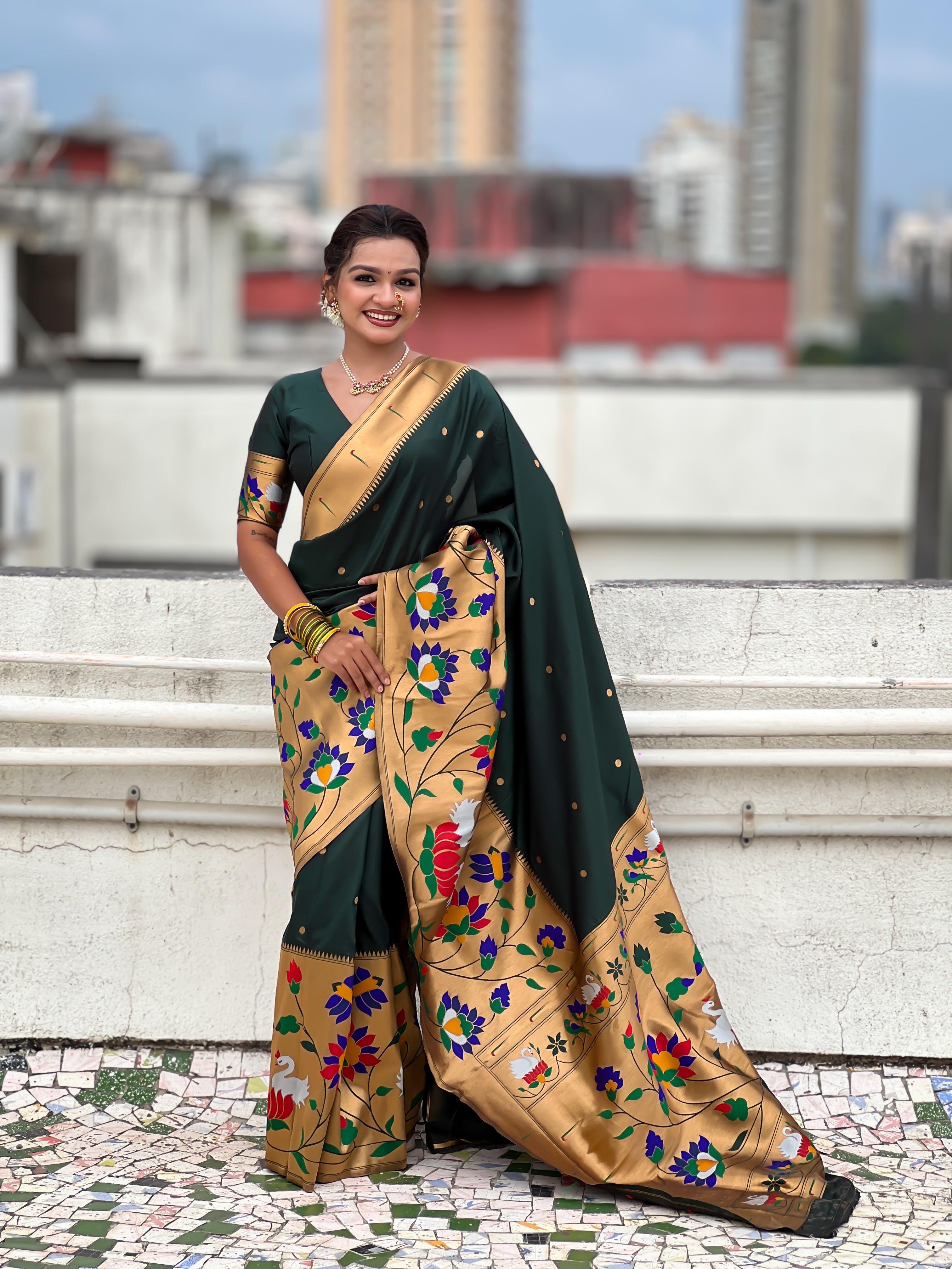 Green Beautiful Woven Meenakari Polka Designer Paithani Silk Ethnic Graceful Saree