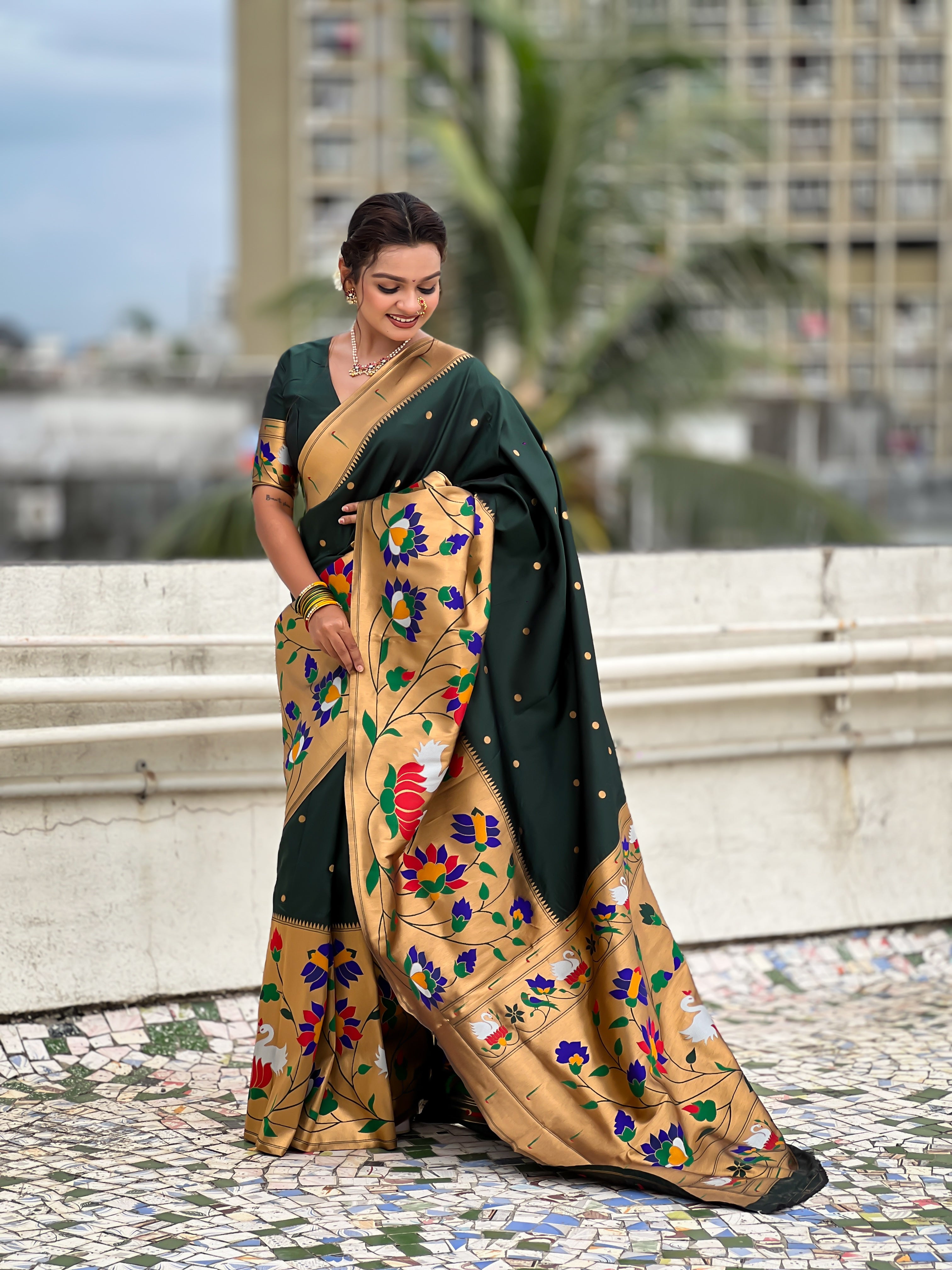 Green Beautiful Woven Meenakari Polka Designer Paithani Silk Ethnic Graceful Saree