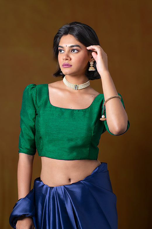 Green Blouse in Art Silk with Puff Shoulders And Half Sleeves
